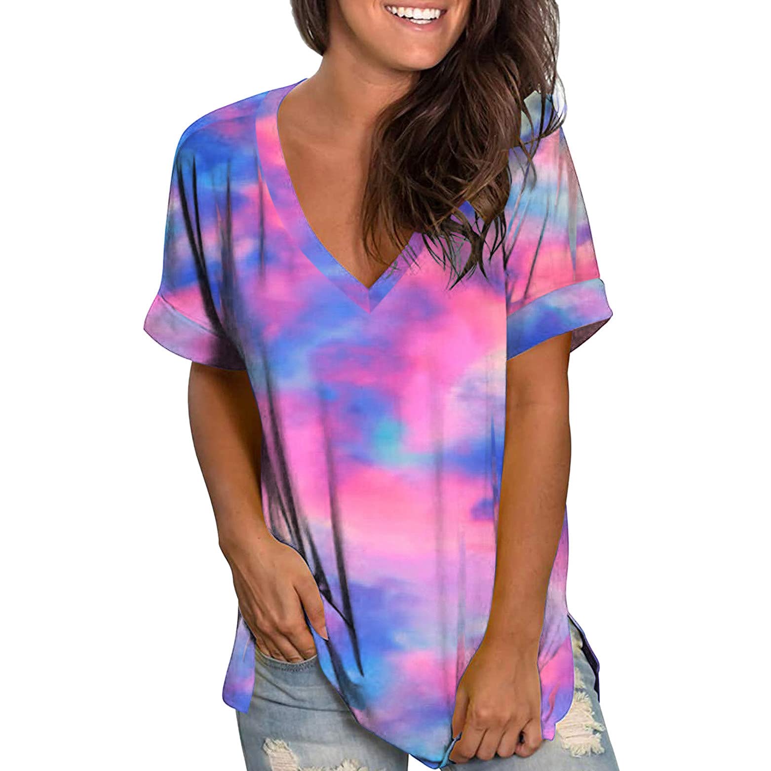 Women's Summer Short Sleeve V-Neck Graphic T-Shirts - Casual Printed Blouse Tops for Women | Perfect for Beach Outings, Vacation Wear & Everyday Comfort