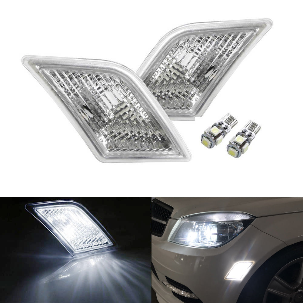Clear Lens White LED Side Marker Lights for 2008-2011 Mercedes W204 Pre-LCI C-Class - Enhance Visibility & Style for Night Driving & Car Shows