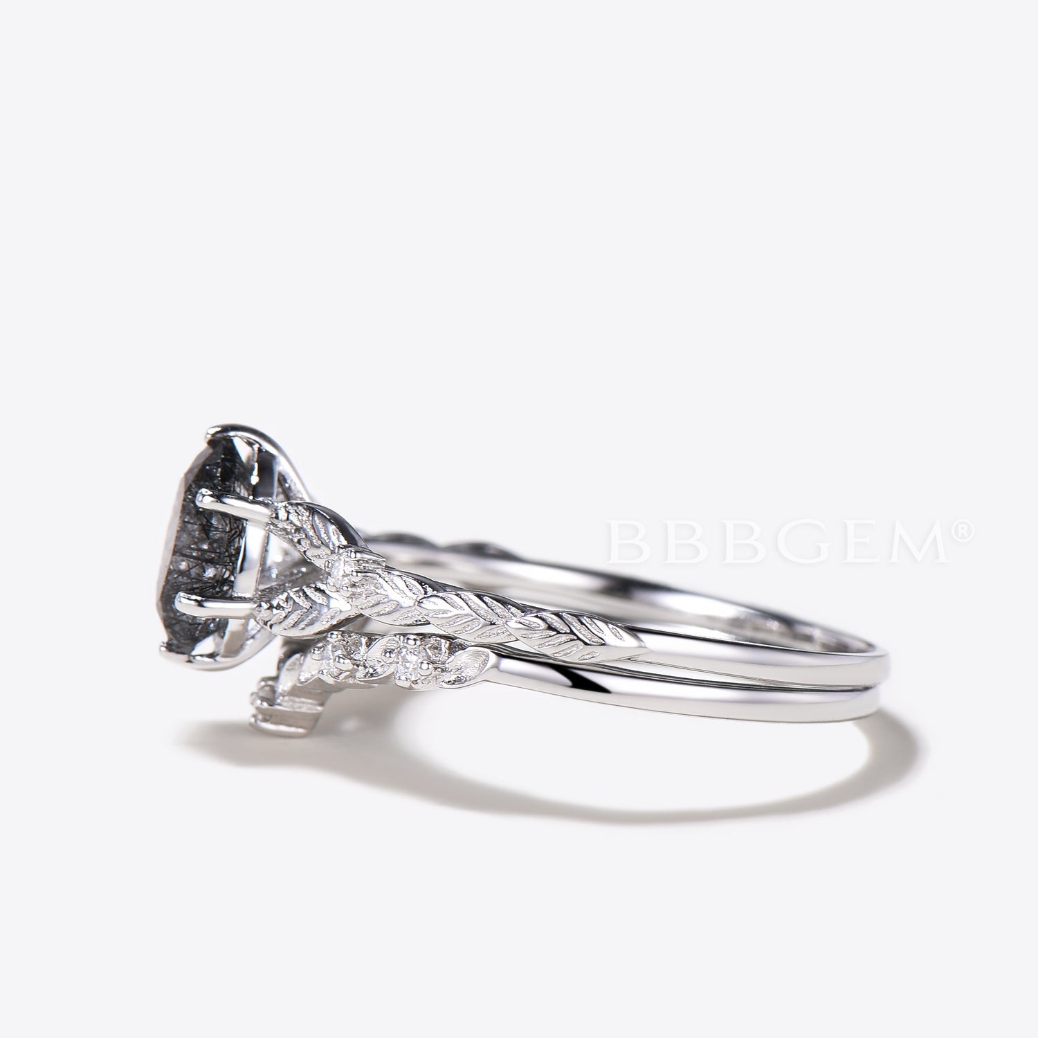 Oval Black Tourmaline & Rutilated Quartz Engagement Ring Set - Nature Inspired V-Shaped Leaf Design with Diamond Accents in Rose Gold - Perfect for Weddings, Anniversaries & Romantic Gifts