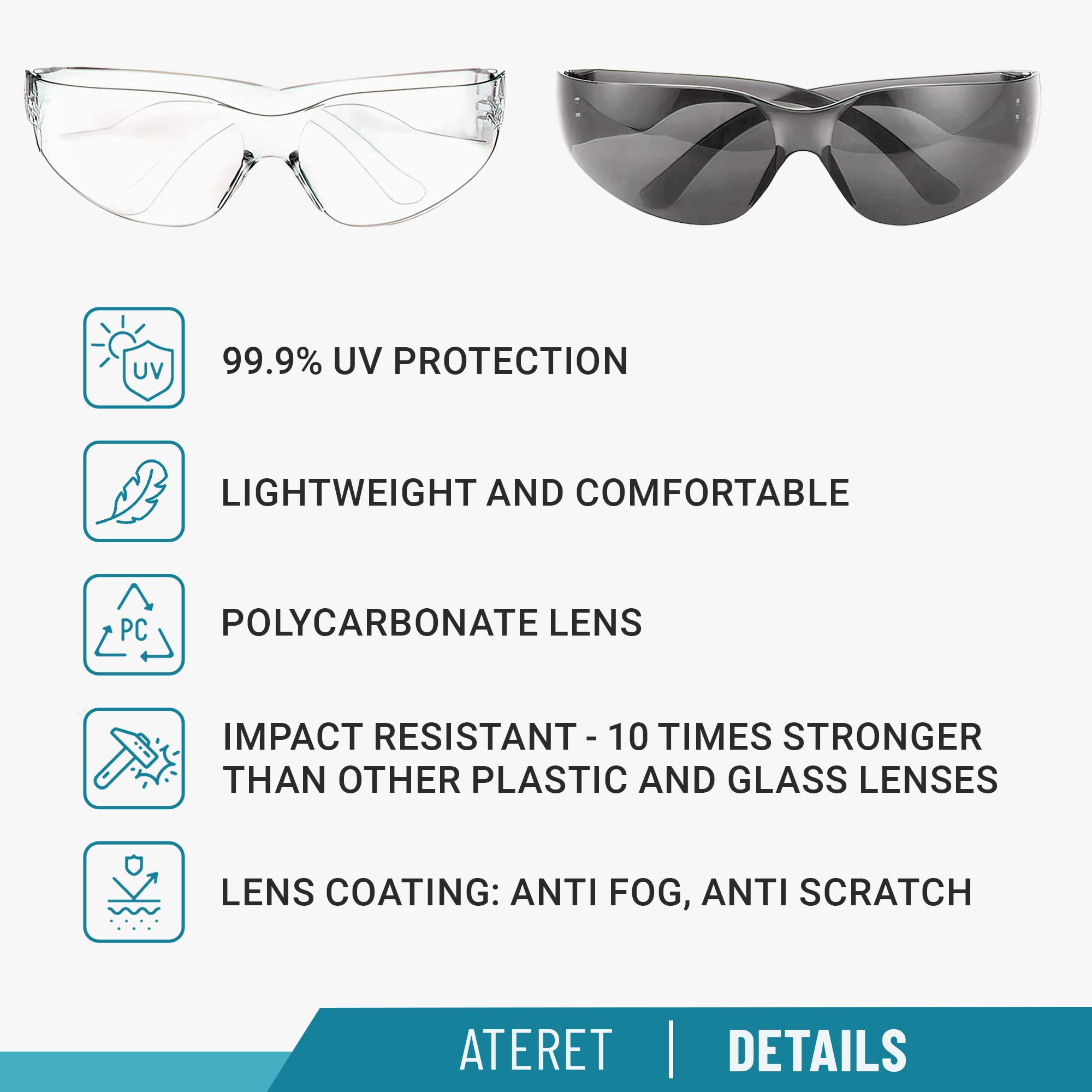 ATERET 144 Pairs Safety Glasses - ANSI Z87.1 Certified, Anti-Scratch Polycarbonate Lenses, Impact Resistant Eye Protection for Construction, Woodworking & DIY Projects