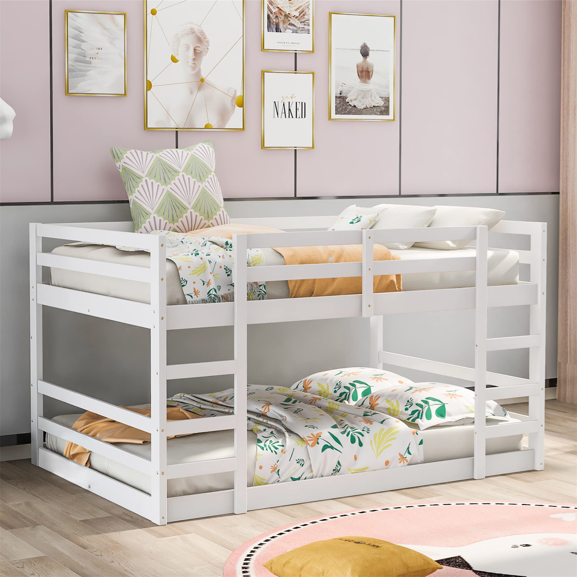 **CITYLIGHT Low Bunk Beds Full Over Full - Sturdy Wooden Bunk Bed for Kids & Teens, Twin Bunk Beds with 2 Ladders for Boys & Girls Bedroom, Dorm or Guest Room (White, Full Size) - Perfect for Space-Saving Kids' Rooms, Shared Bedrooms & Small Apartments**