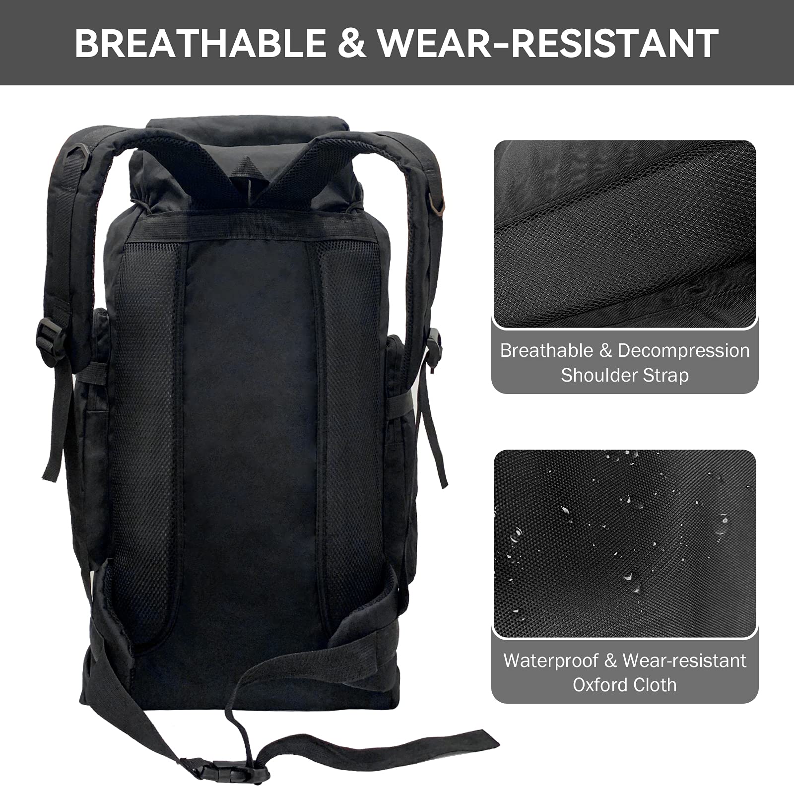 75L Lightweight Waterproof Hiking Backpack - Outdoor Trekking Bag for Camping, Skiing & Tactical Use - Durable Travel Backpack for Men & Women (Black)