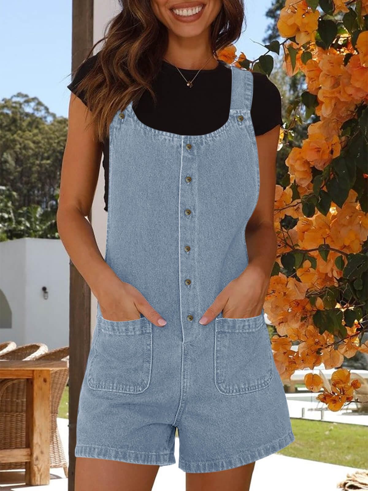 PLNOTME Women's Summer Denim Romper - Sleeveless Button Up Jean Jumpsuit with Pockets | Casual Outfit for Beach, Music Festivals & Summer Vacations