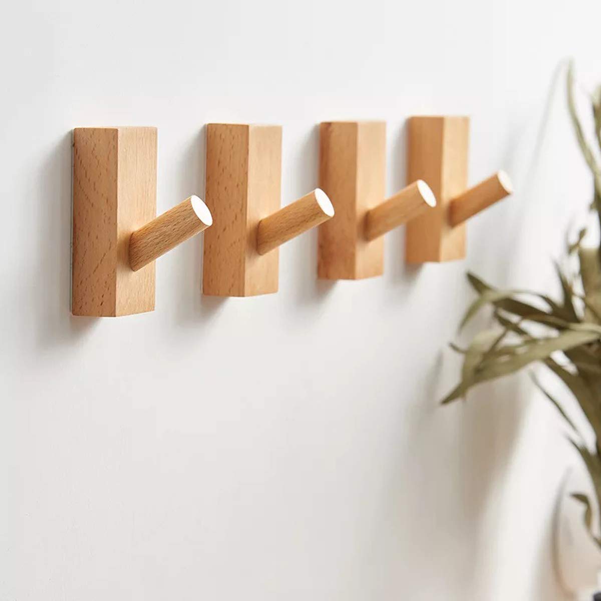 4-Pack Wooden Wall Hooks - Heavy Duty Coat & Hat Hanger Organizer with Decorative Beech Finish | Perfect for Entryway, Bathroom & Bedroom Storage (Rectangle Design)