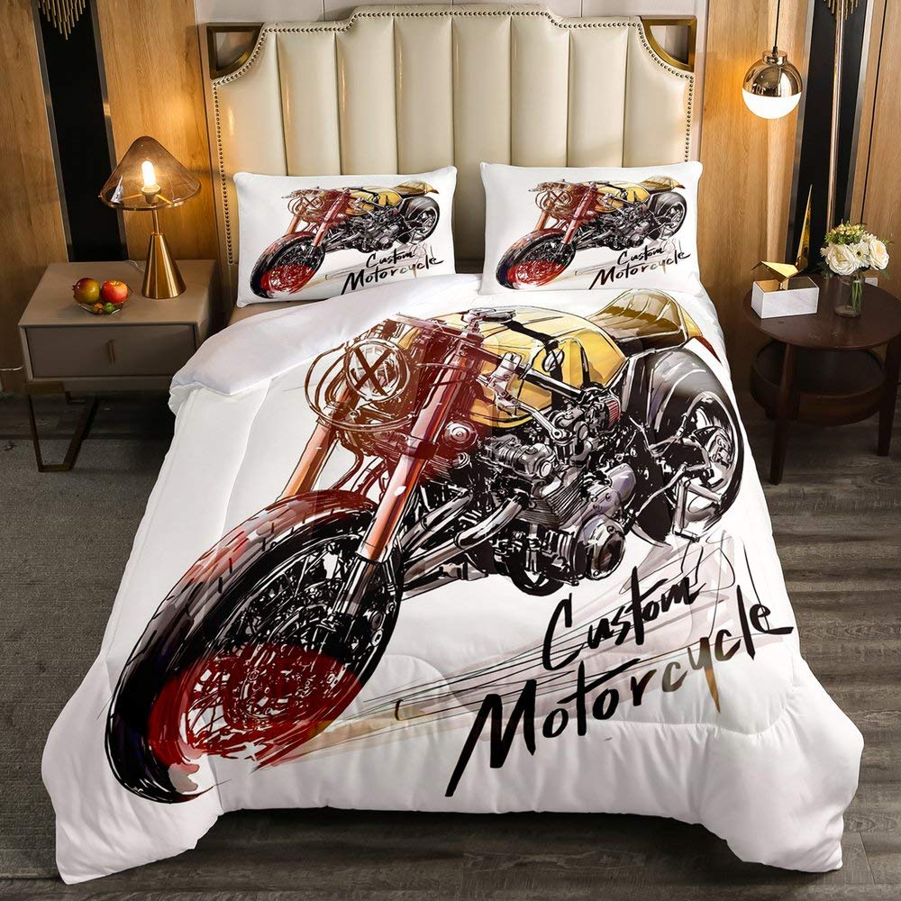 Boys Racing Motorcycle Duvet Cover Set - Twin Size Motocross Bedding for Kids & Teens | Extreme Sports Themed Comforter with Dirt Bike Design | Perfect for Youth Bedroom Decor & Moto Enthusiast Rooms