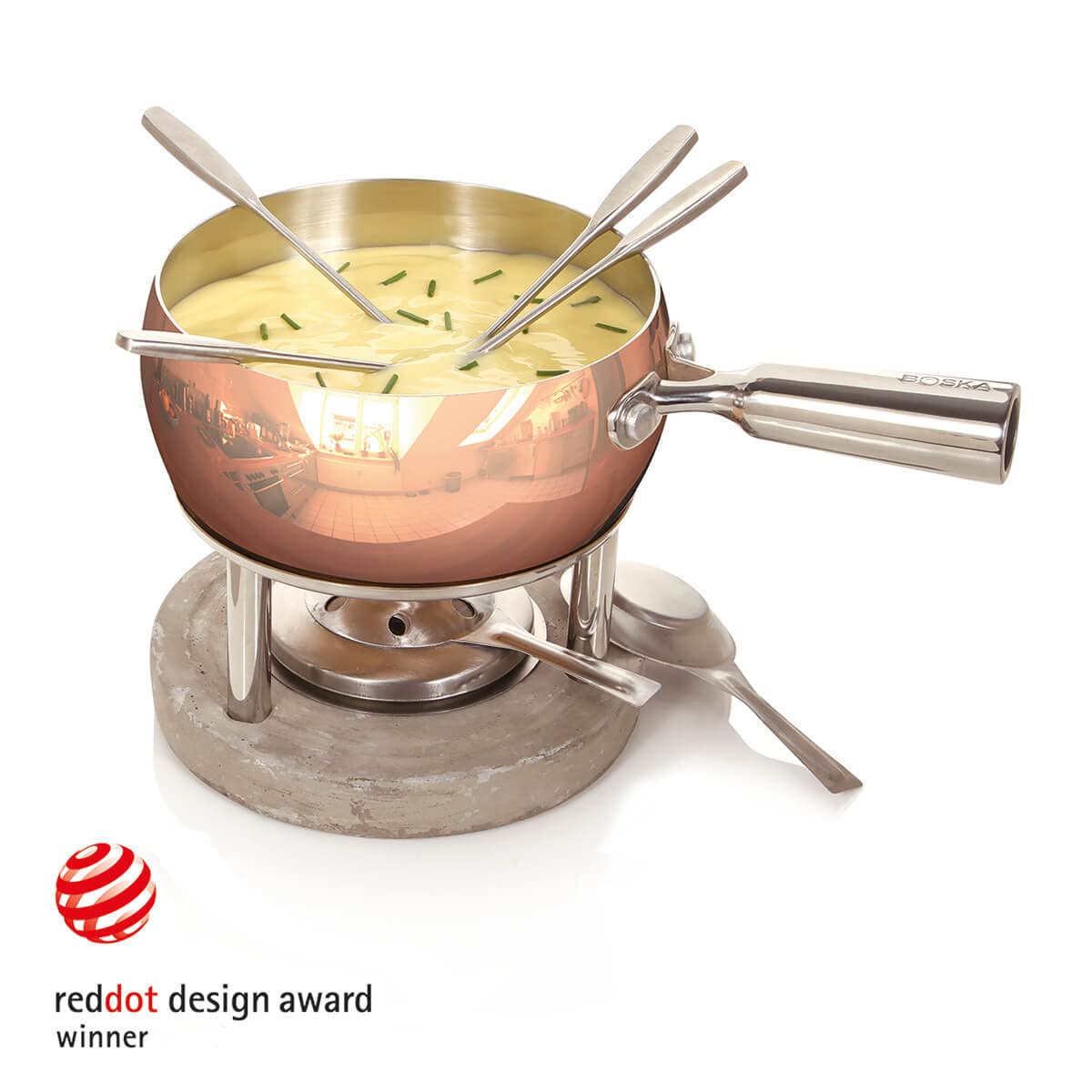 Boska Cheese Fondue Party Set - 4-Person Copper Fondue Pot with Stove-Safe Design for Chocolate, Cheese & Snacks - Perfect for Weddings, Parties & Family Gatherings