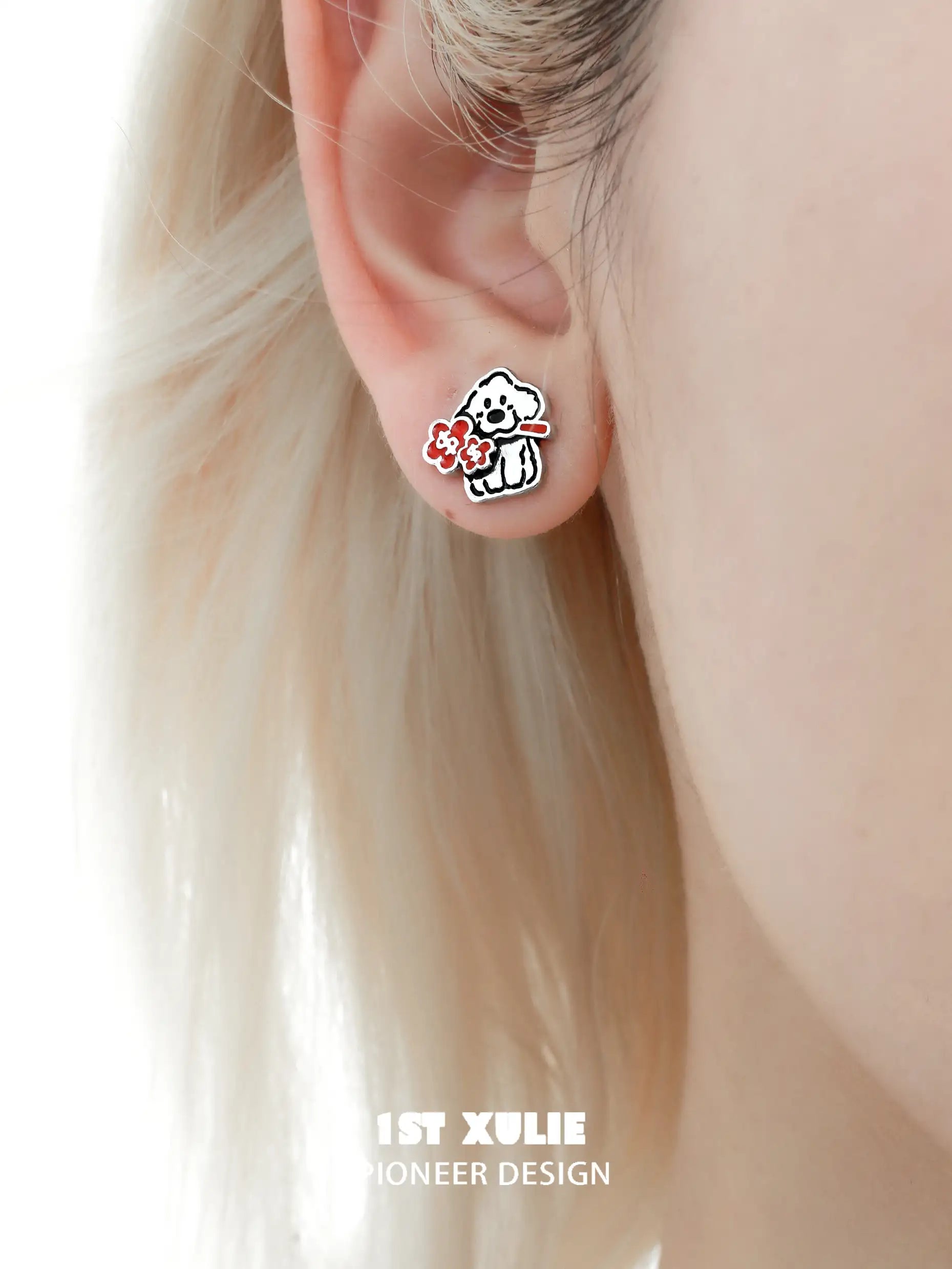 S925 Sterling Silver Chinese New Year Graffiti Puppy Stud Earrings - Festive Spring Festival Jewelry Gift for Women