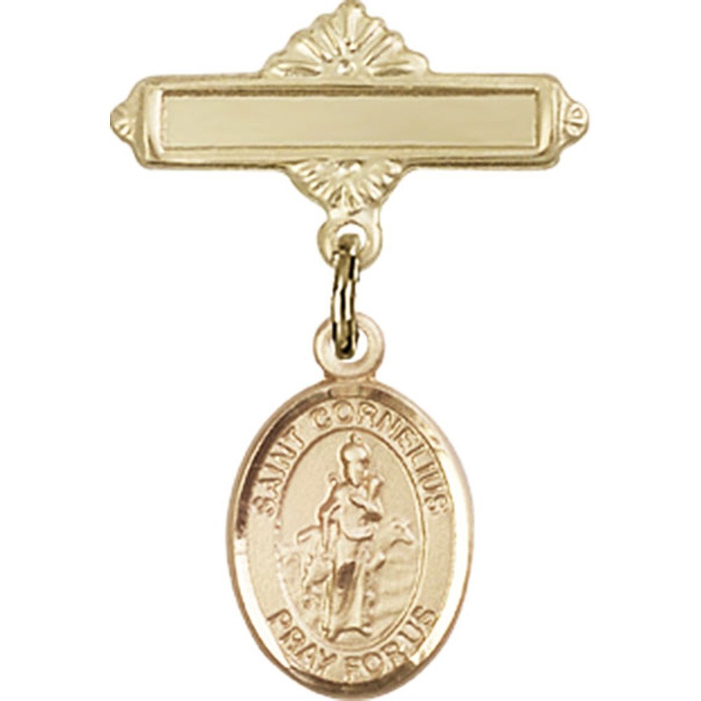 Gold Filled Baby Badge with St. Cornelius Charm - 1 X 5/8 Inch Polished Pin for Christening, Baptism & Newborn Gifts - Perfect for Baby Showers, First Communion & Keepsake Jewelry