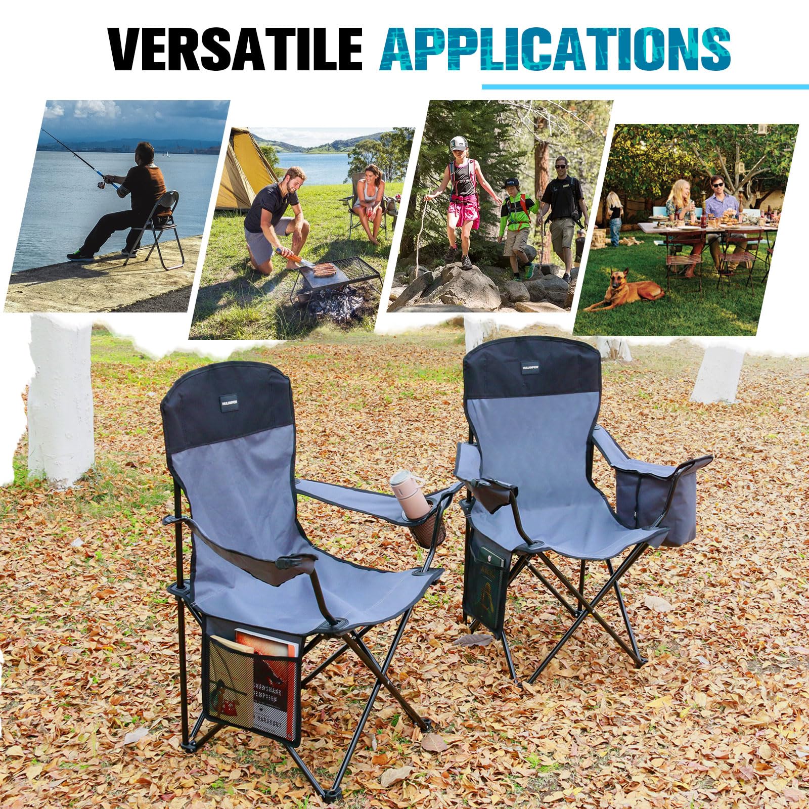 Portable Folding Camping Chair with Side Pocket & Cup Holder - Lightweight Foldable Outdoor Chair for Camping, Hiking, Beach, Picnics, Fishing, Backyard - Compact Travel Chair with Wine Glass Holder & Carry Bag - Perfect for Outdoor Adventures, Tailgating and Relaxing in Nature