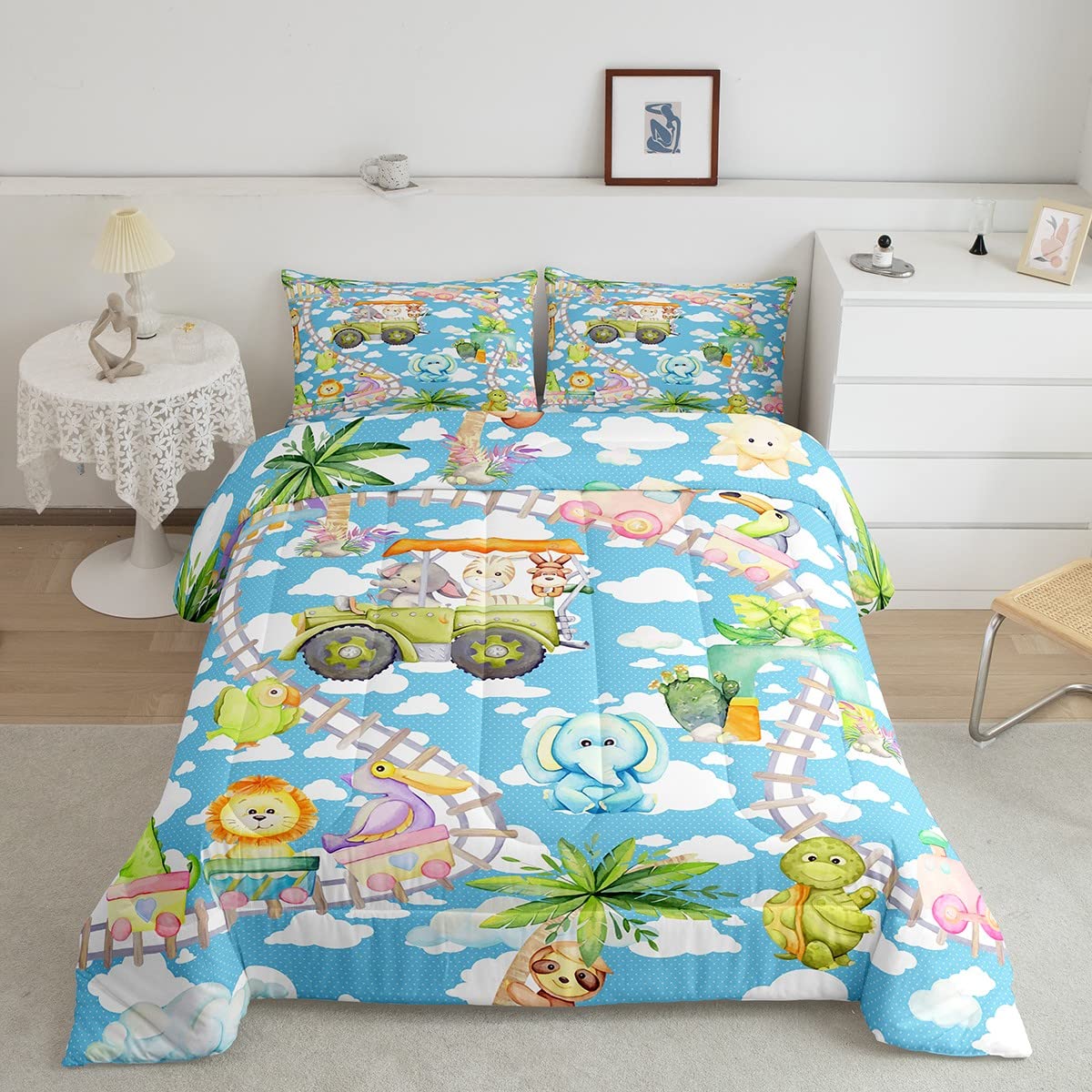 Feelyou Sloth & Train Cartoon Comforter Set for Kids - Queen Size Duvet Cover with 2 Pillowcases | Cute Animal & Vehicle Truck Bedding for Boys & Girls | Perfect for Nursery, Kids Room Decor & Gift