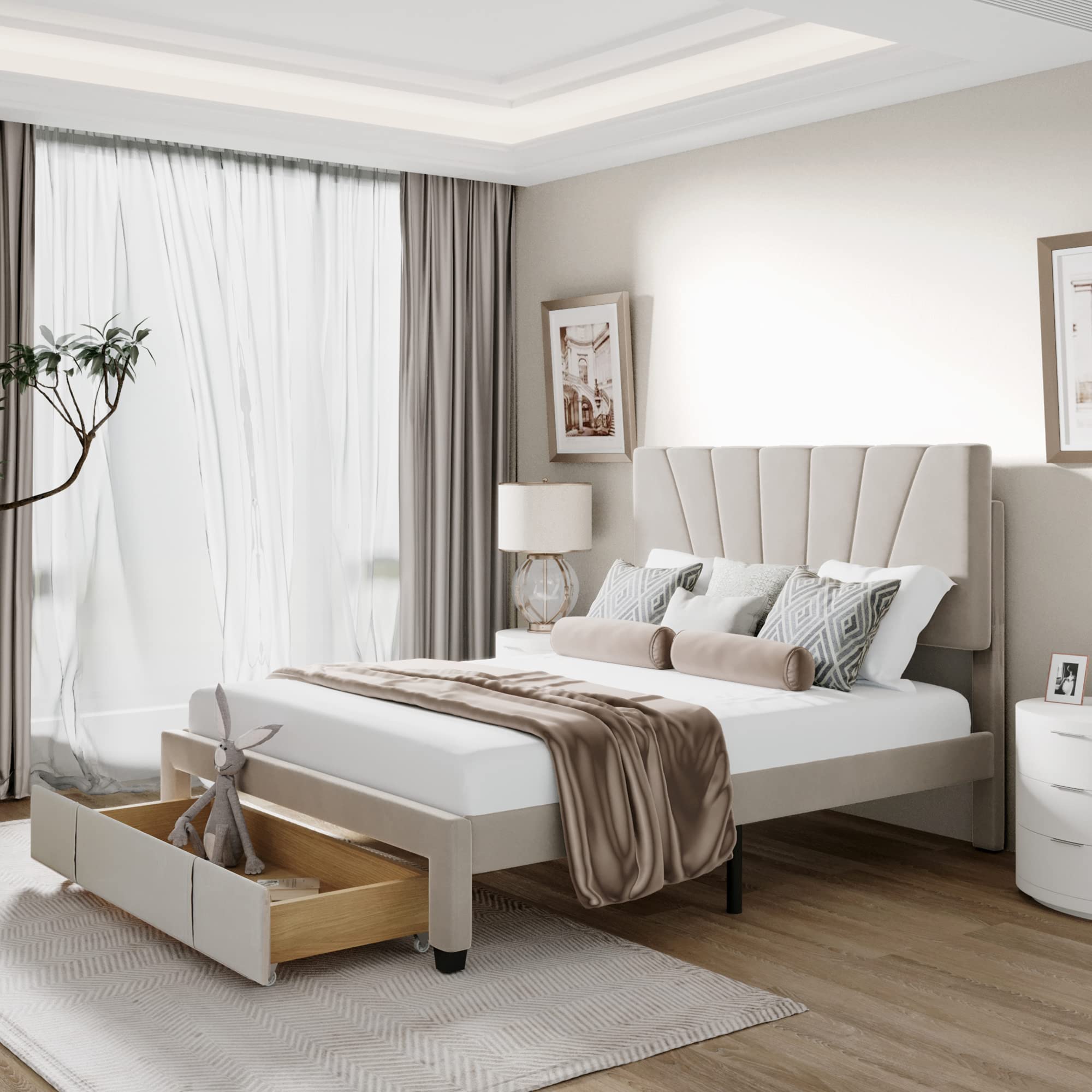 MERITLINE Queen Size Storage Bed Frame with Upholstered Headboard - Velvet Platform Bed with Large Drawer & Wood Slats Support, No Box Spring Needed (Beige) - Perfect for Small Bedrooms, Guest Rooms & Space-Saving Solutions
