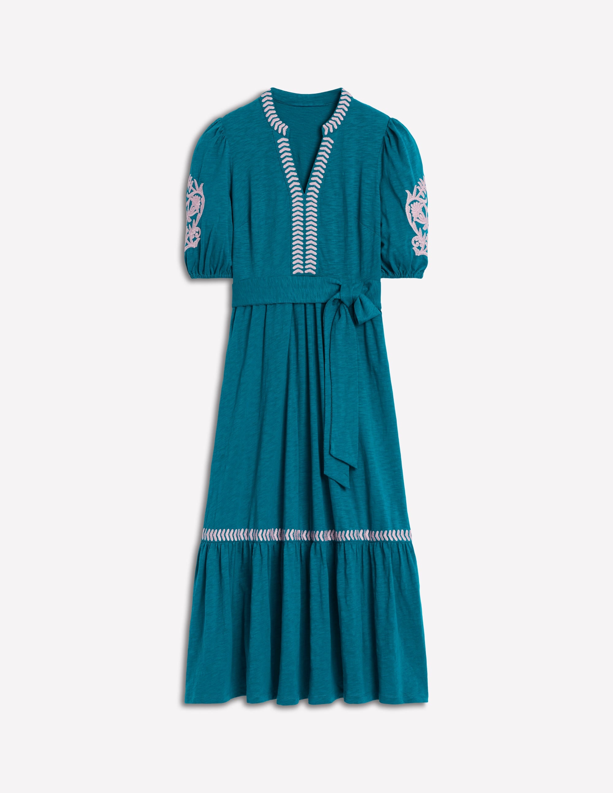 Amara Embroidered Jersey Dress - Deep Sea & Meadowsweet Pink Floral Summer Dress for Women | Perfect for Beach Vacations, Garden Parties & Date Nights