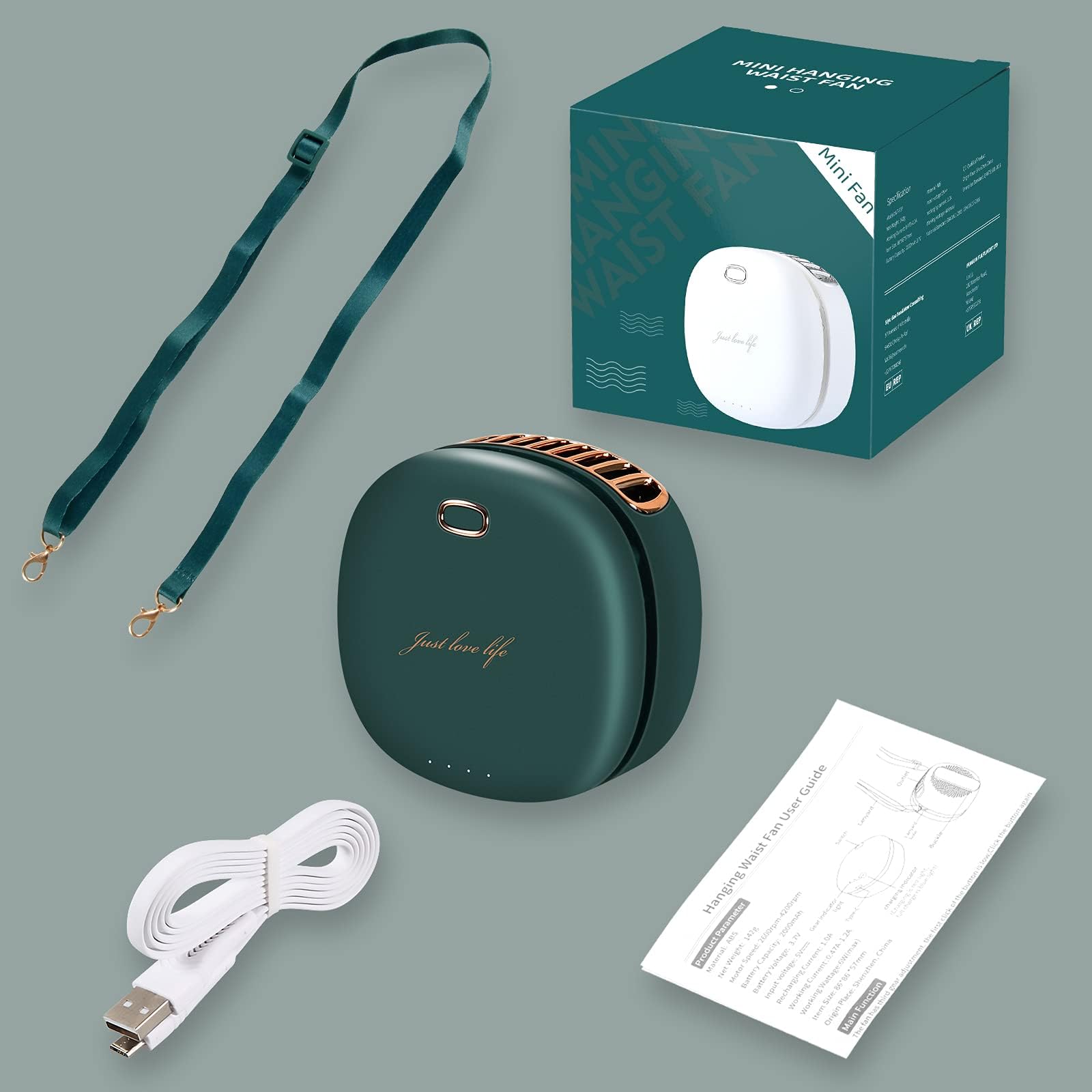 BINWO Portable Mini Neck Fan - USB Rechargeable Personal Fan with 3 Speed Settings, Adjustable Lanyard & Waist Clip for Hands-Free Cooling - Perfect for Office, Gym, Travel & Outdoor Activities (Dark Green)