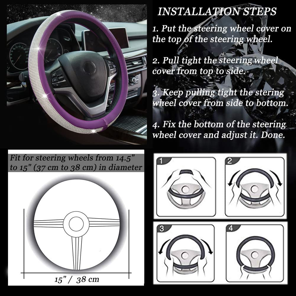 Diamond Rhinestone Leather Steering Wheel Cover - Universal 15 Inch Fit, Bling Bling Crystal Design for Women & Girls (Purple) - Luxury Car Accessory for Daily Driving & Gift Giving