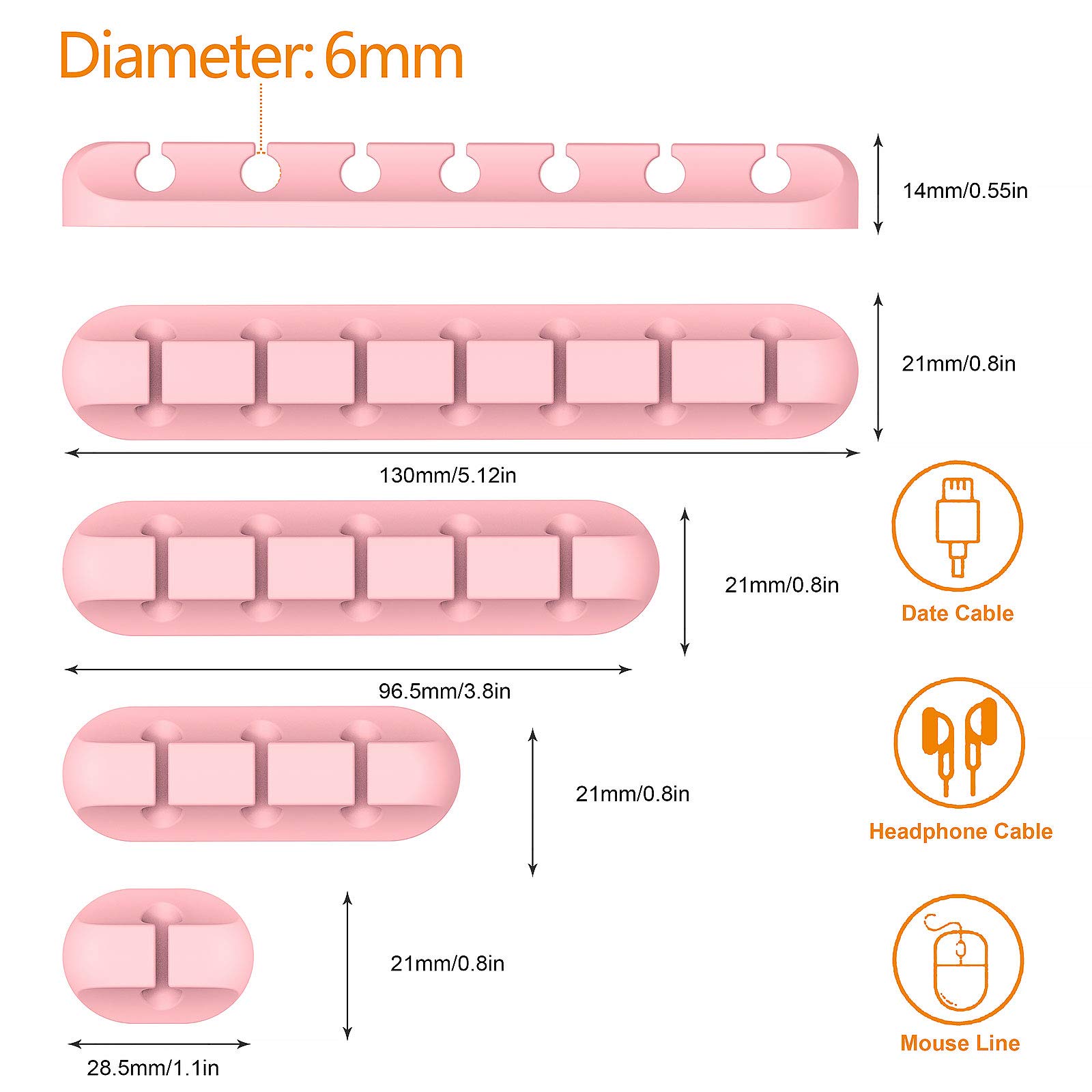 Pink Desk Cable Organizer Set - 5 Pack (7-5-3-1-1 Slots) Cord Holder for Wires Management | Keep Home, Office & Car Neat | Cute Desk Accessories for Computer, Phone & TV Cables