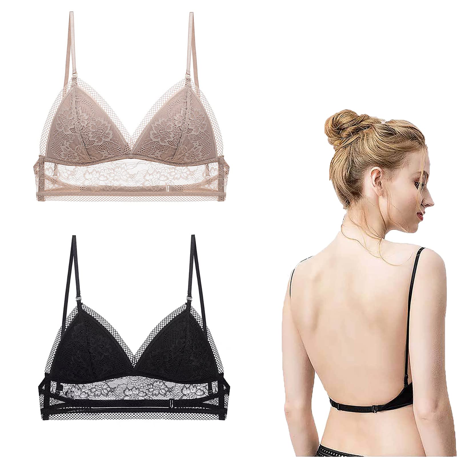 Wireless Lace Push Up Bra for Women - Low Back U Shaped Backless Bra with Deep V Neckline, Seamless & Invisible Under Clothes | Perfect for Evening Dresses, Wedding Gowns & Backless Outfits