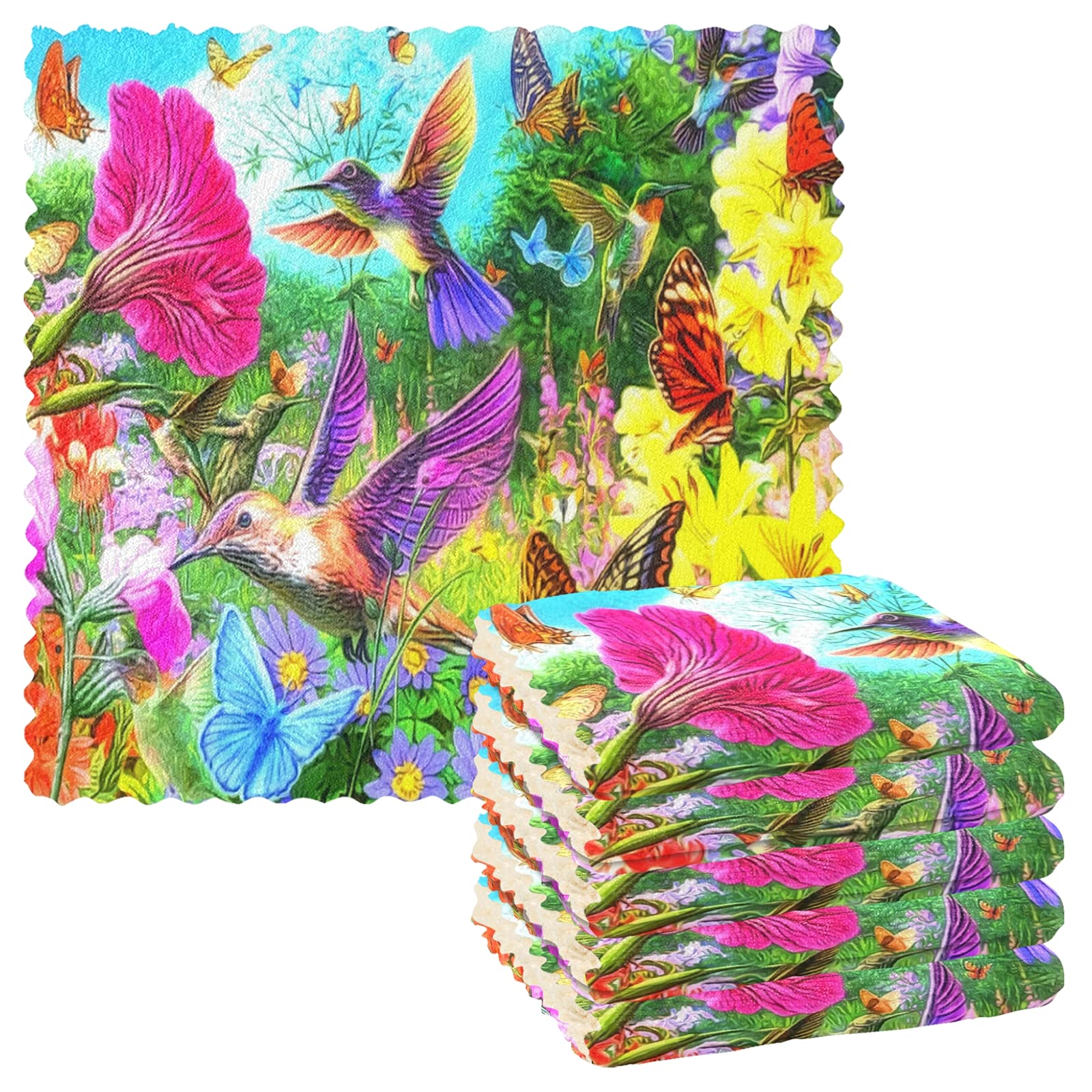 ALAZA Hummingbird Flower Butterfly Colorful 6-Pack Kitchen Towels - Super Soft & Fast Drying Dishcloths, Tea Towels & Bar Mops (11x11 Inches) - Perfect for Kitchen Cleaning, Dish Drying & Home Decor