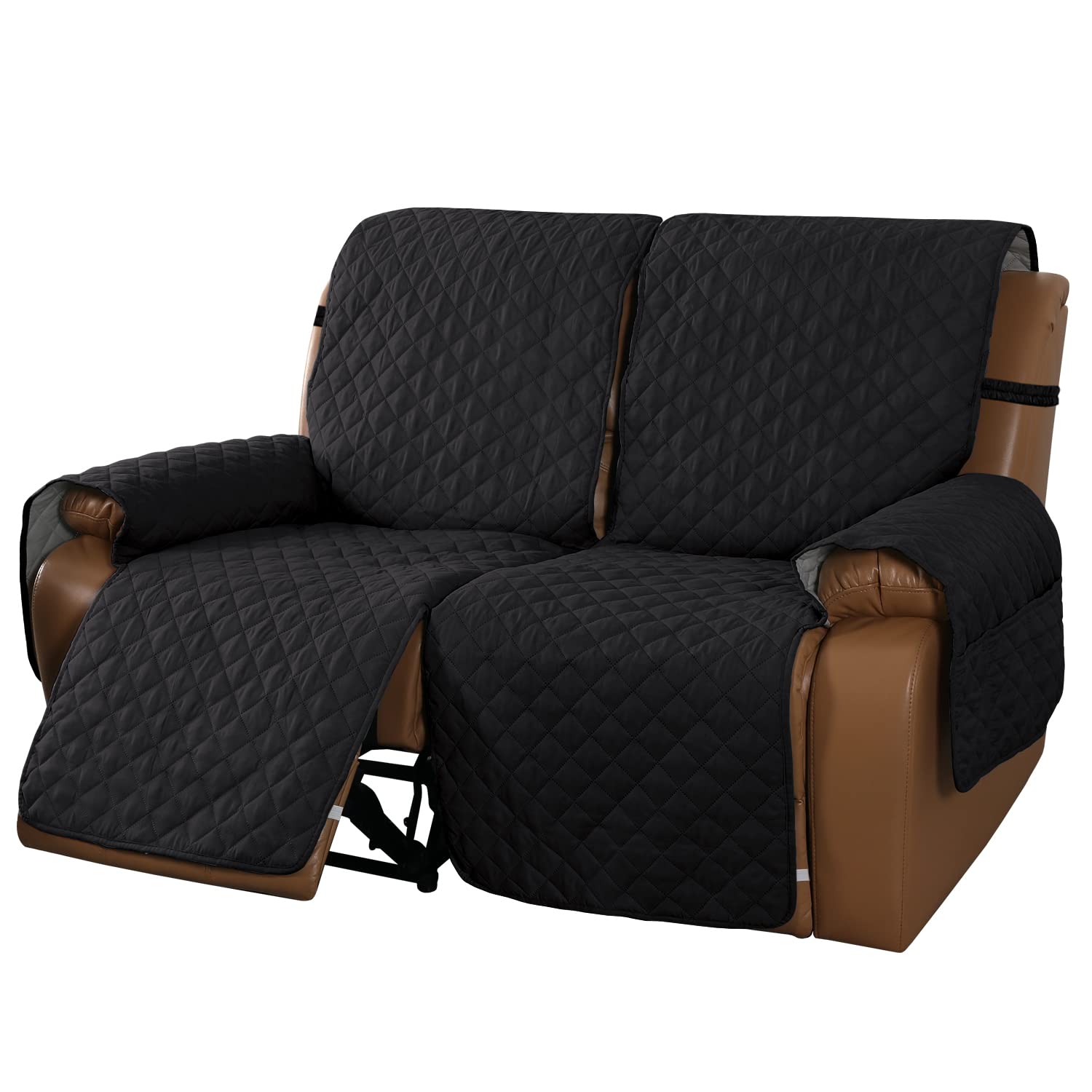 MeilleMaison Recliner Sofa Slipcover - Stretchable 2-Seater Couch Cover for Reclining Loveseat, Non-Slip Elastic Straps, Pet & Kid Friendly - Black/Grey (MMCLKR02C6) - Perfect for Living Room, Family Room & Home Theater Seating Protection