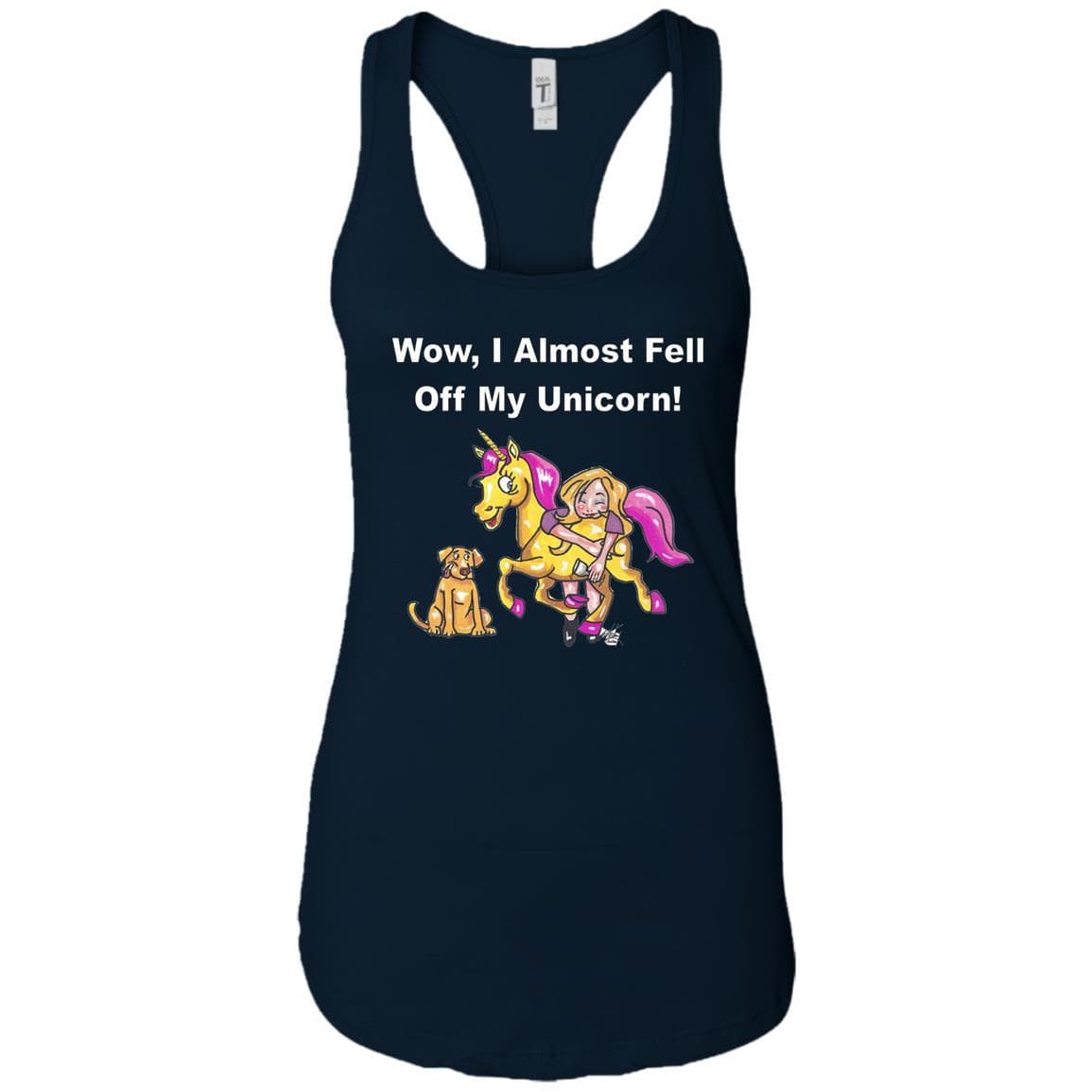 Wow, I Almost Fell Off My Unicorn Funny Women's Racerback Tank Top with White Lettering - Perfect for Girls Night Out, Bachelorette Parties & Festival Outfits