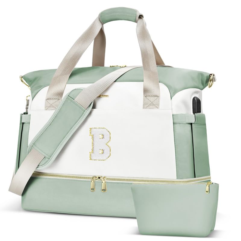 Personalized Monogram Travel Duffel Bag for Women with USB Charging Port & Shoe Compartment - Gym Yoga Weekender Overnight Bag in Beige | Perfect for Workouts, Weekend Getaways & Business Trips