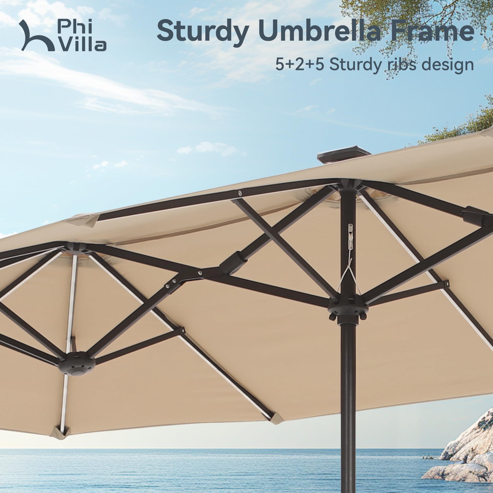 PHI VILLA 13ft Large Outdoor Patio Umbrella with 120 Solar LED Lights - Double-Sided Rectangle Market Umbrella for Deck, Poolside & Backyard (Beige, Base Not Included) | Perfect for Summer BBQs, Garden Parties & Outdoor Dining