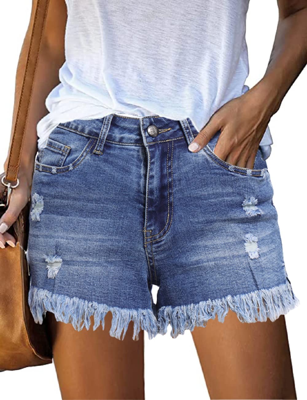 GOLDPKF Women's High Waist Stretchy Denim Shorts - Ripped & Frayed Casual Jean Shorts for Summer | Perfect for Beach, Vacation & Everyday Wear