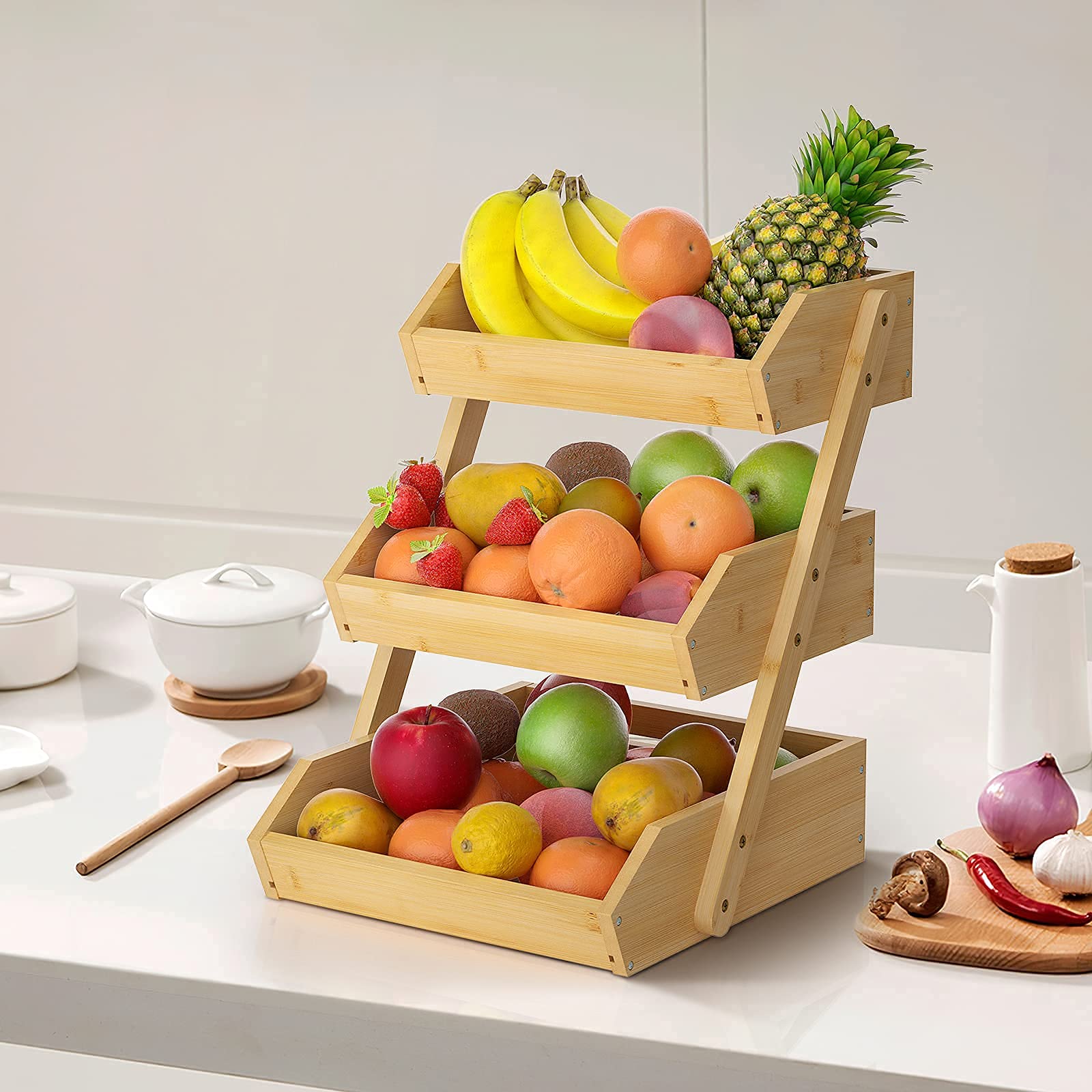3-Tier Bamboo Fruit Basket Stand for Kitchen Countertop – Sturdy Fruit & Vegetable Holder – Perfect for Bread, Produce Storage & Display – Ideal for Home, Office, or Restaurant Use