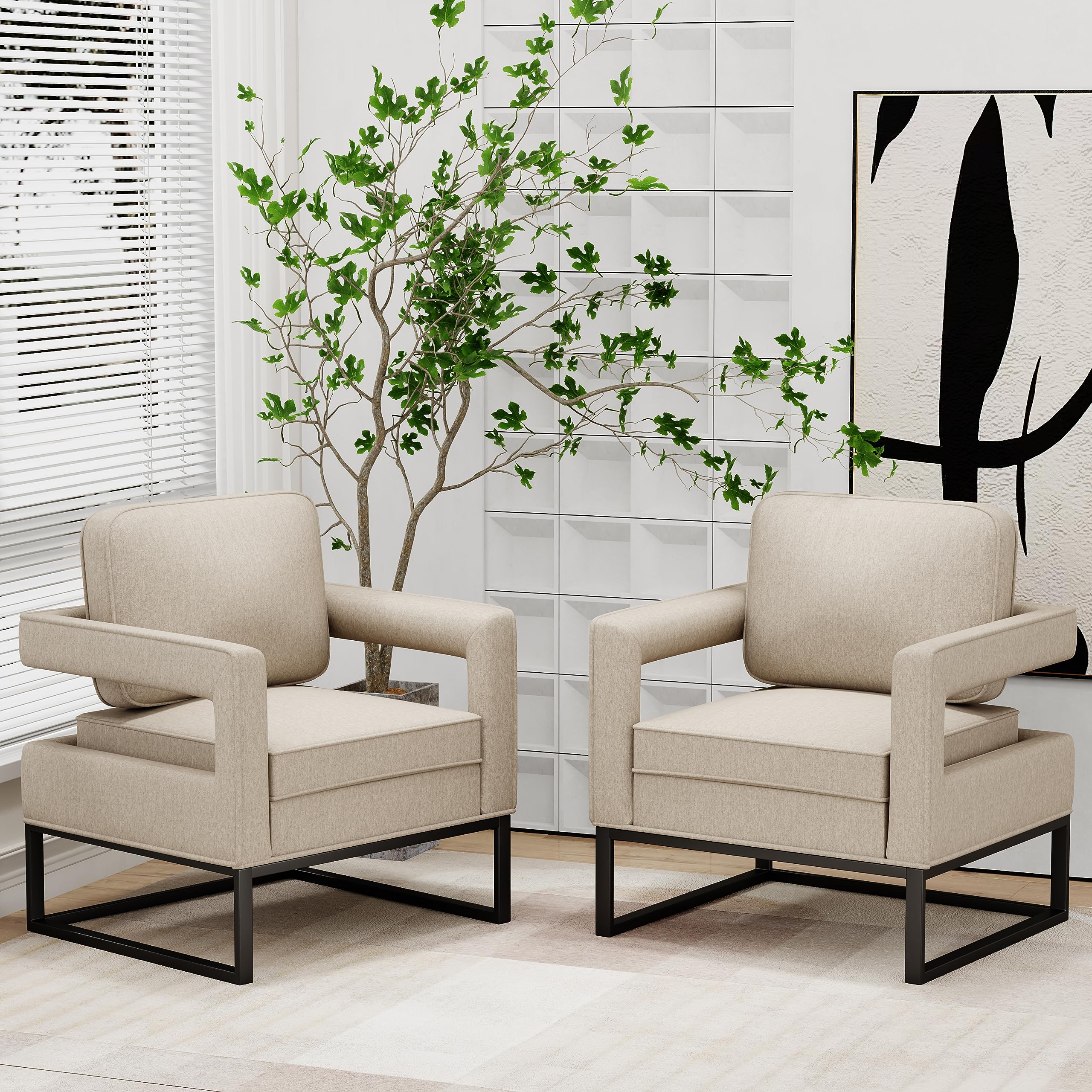 Andeworld Mid Century Modern Accent Chair - Upholstered Armchair for Living Room, Bedroom & Apartment - Comfortable Lounge Chair for Reading & Relaxing - Beige Fabric Sofa Chair - Perfect for Small Spaces & Home Decor