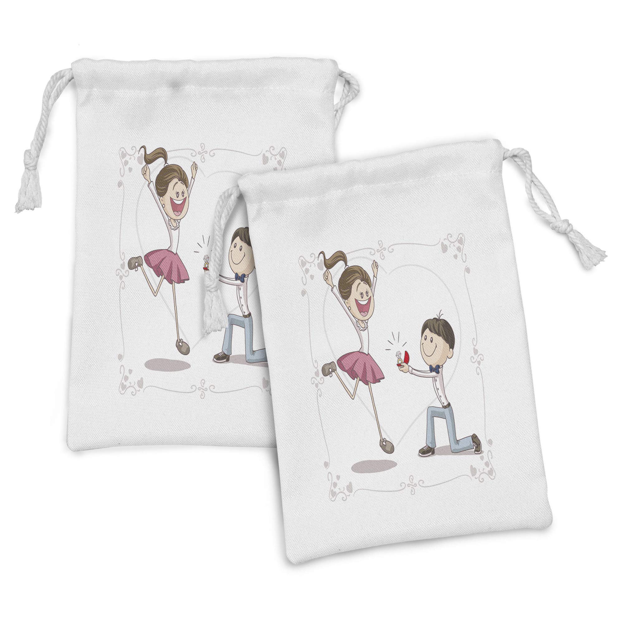 Ambesonne 2-Pack Engagement Party Fabric Pouches - Romantic Couple & Wedding Ring Cartoon Design, Small Drawstring Bags (9