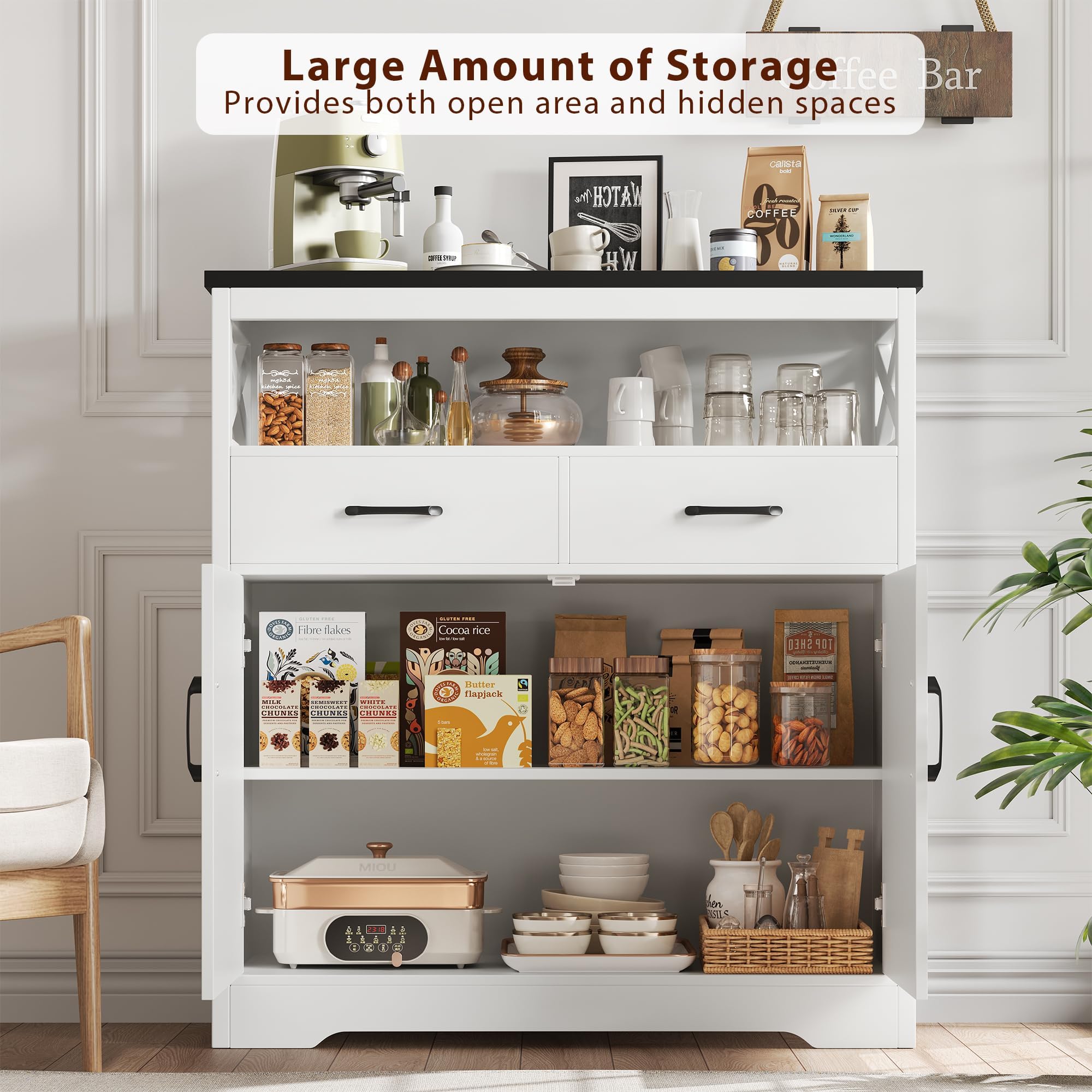 Modern Farmhouse Buffet Sideboard - Wood Kitchen Storage Cabinet with Shelves, Doors & Drawers - White and Black Coffee Bar Cabinet for Living Room, Dining Room & Home Decor - Perfect for Entertaining, Storage & Display
