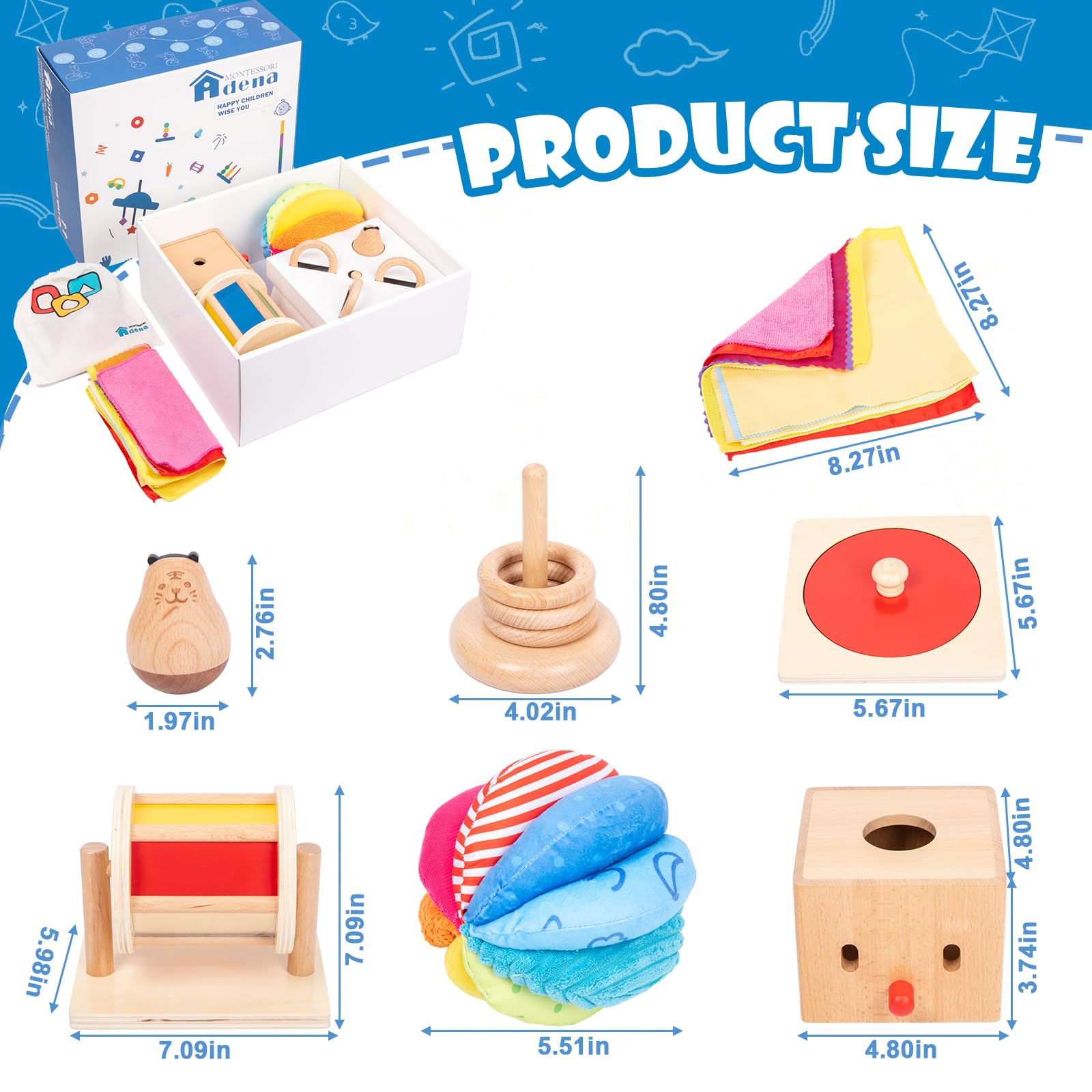 **Adena Montessori Play Kit for 5-6 Month Old Babies - 8-in-1 Learning & Educational Toys for Toddlers (Rainbow Spinning Drum, Mirror Puzzle, Baby Tissue Box & More) - Perfect Christmas & Birthday Gift for Boys & Girls - Ideal for Early Childhood Development & Sensory Play**