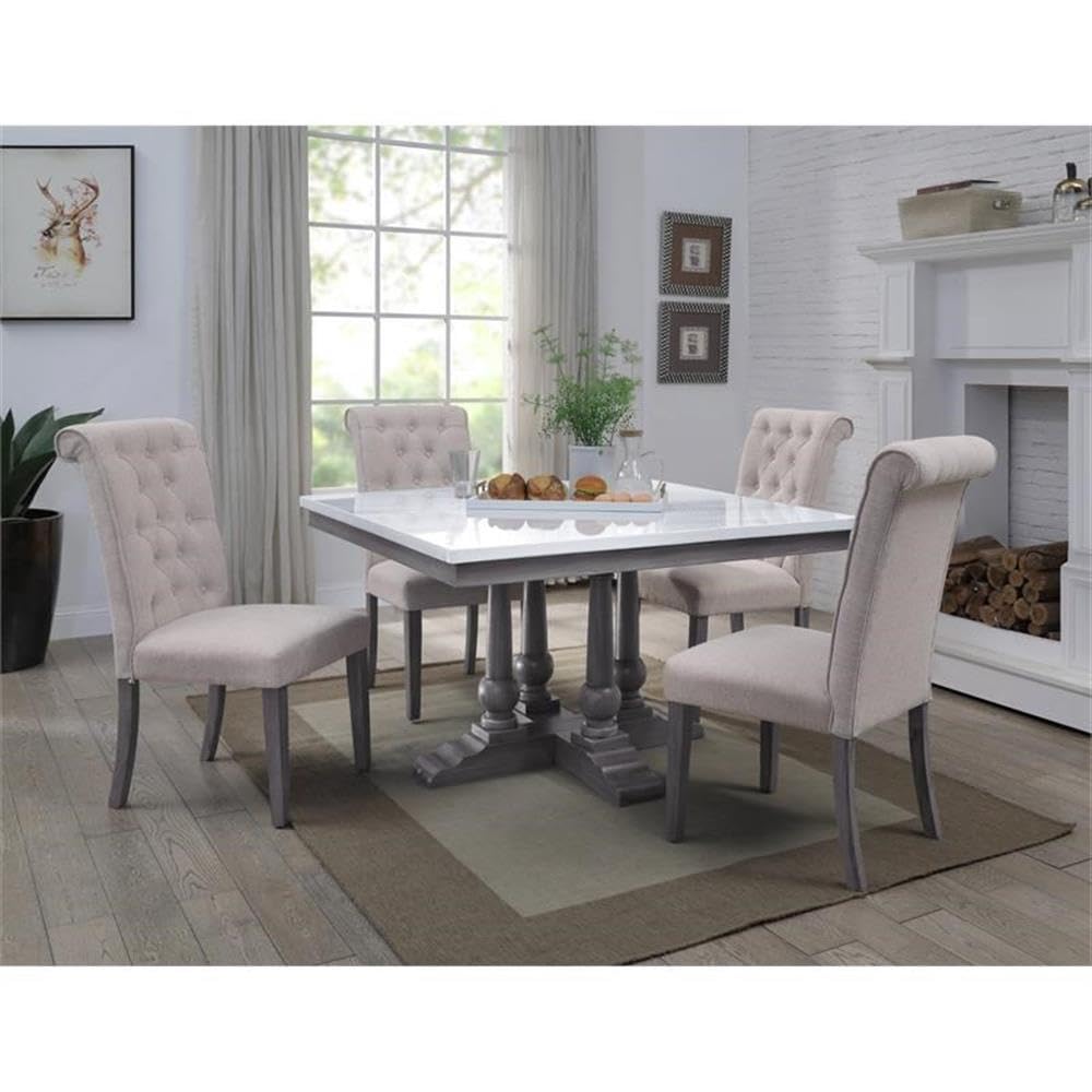 Acme Yabeina White & Gray Oak Artificial Marble Square Dining Table - Modern Kitchen & Dining Room Furniture for Small Spaces
