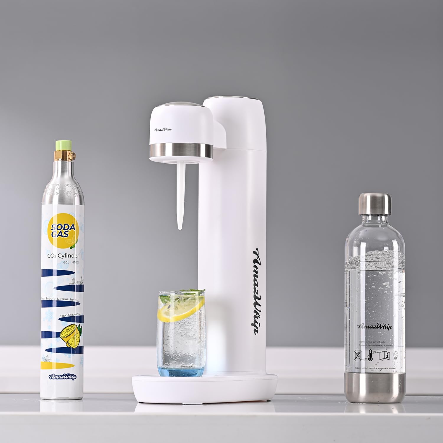 Sparkling Water Maker Machine - Portable Household Soda Maker with Threaded CO2 Gas Cylinders for Homemade Carbonated Drinks | Perfect for Kitchen, Office, Parties & Healthy Hydration (White + 2 Canisters)