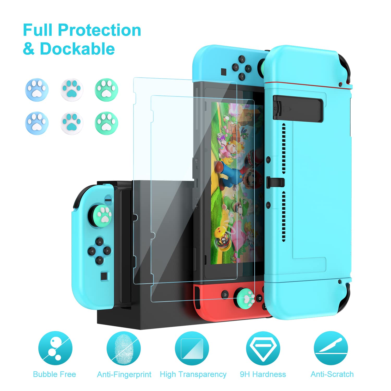 InnoAura 18-in-1 Nintendo Switch Accessories Kit - Protective Case, Game Storage, Screen Protector, Stand & Joy-Con Caps (Blue) | Perfect for Travel, Gaming Parties & Switch OLED Protection