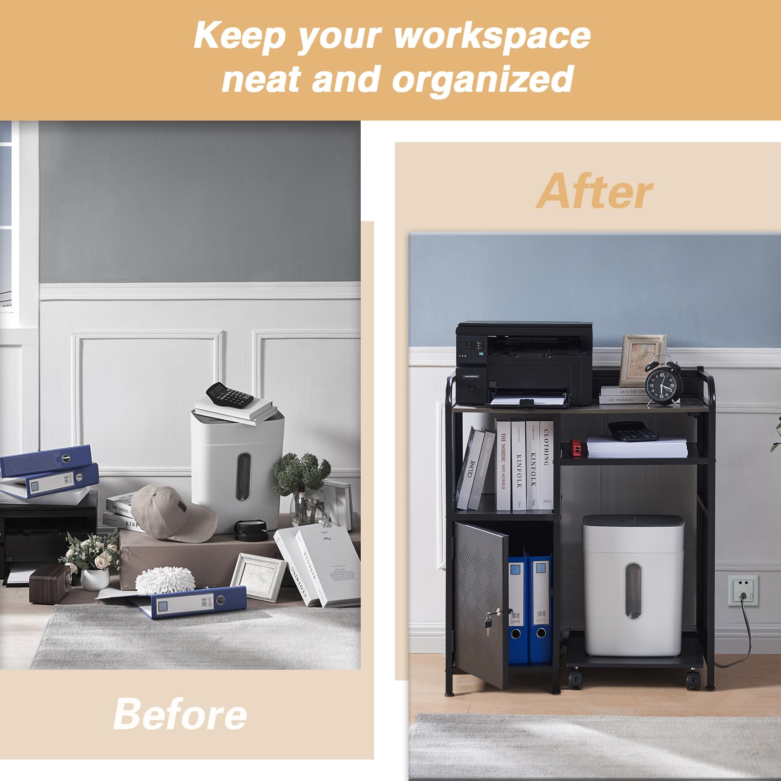 Heavy-Duty Printer Stand with Storage - Adjustable Printer Table with Power Outlet & USB Ports - Home Office Desk Organizer with Paper Shredder Shelf & PC Tower Stand on Wheels - Perfect for Workspace Organization & Multi-Functional Home Office Setup
