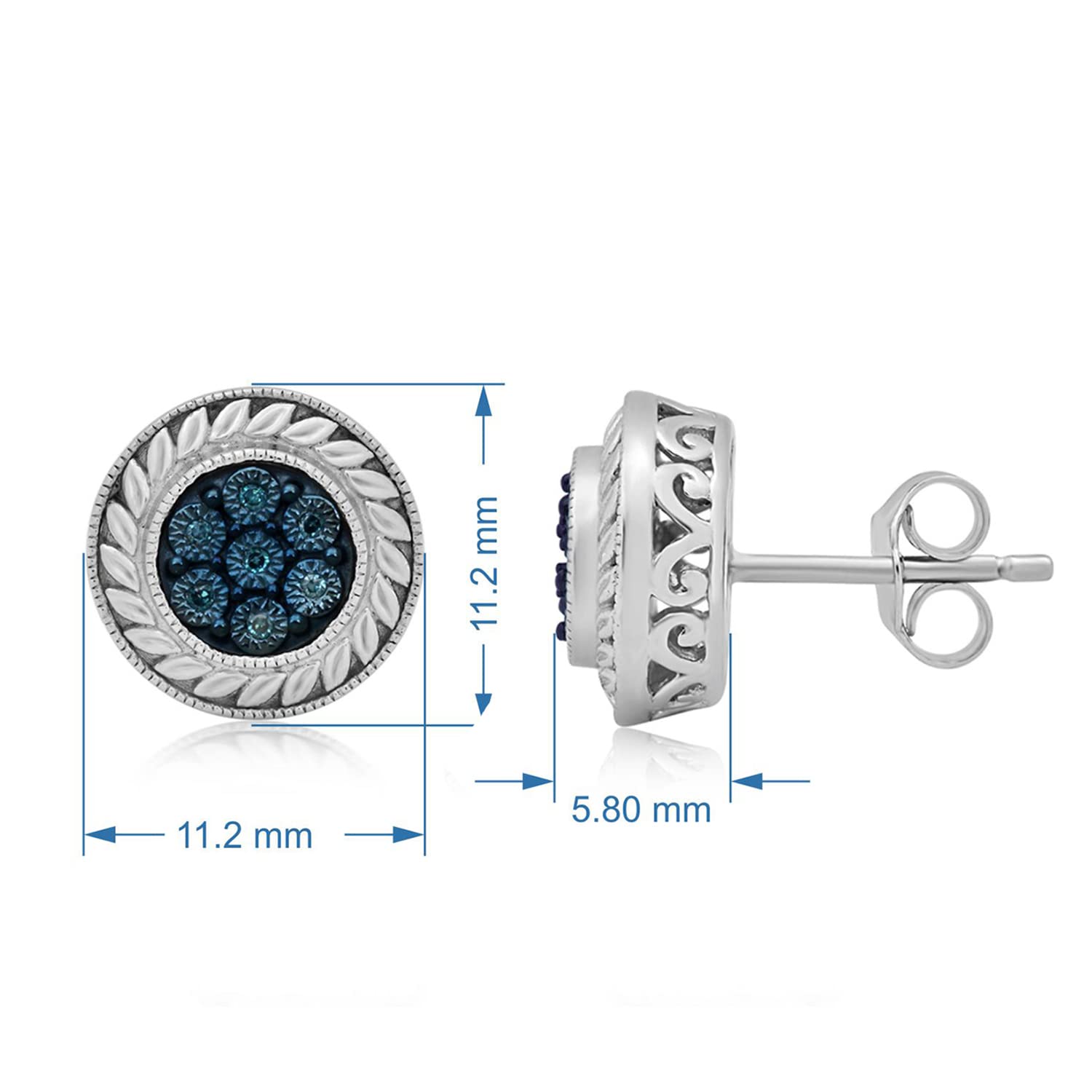 Jewelili Sterling Silver Round Stud Earrings with Blue, White & Champagne Diamonds – Perfect for Weddings, Parties & Everyday Elegance