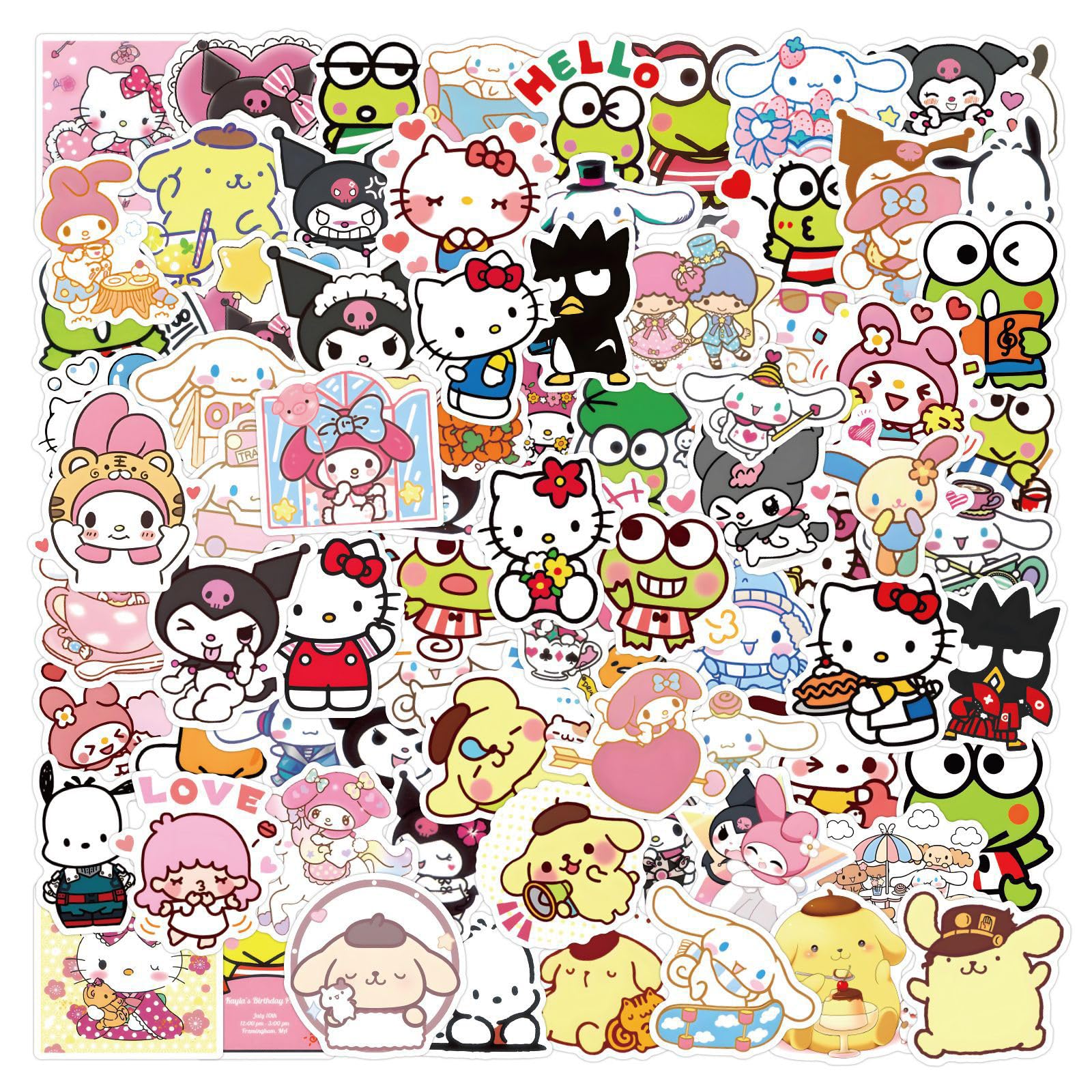 200Pcs Cute Sanrio Stickers - My Melody, Kuromi, Hello Kitty, Pompompurin, Keroppi & Cinnamoroll - Waterproof Vinyl Decals for Kids & Teens - Perfect for Water Bottles, Laptops, Skateboards, Journals & DIY Crafts (White)