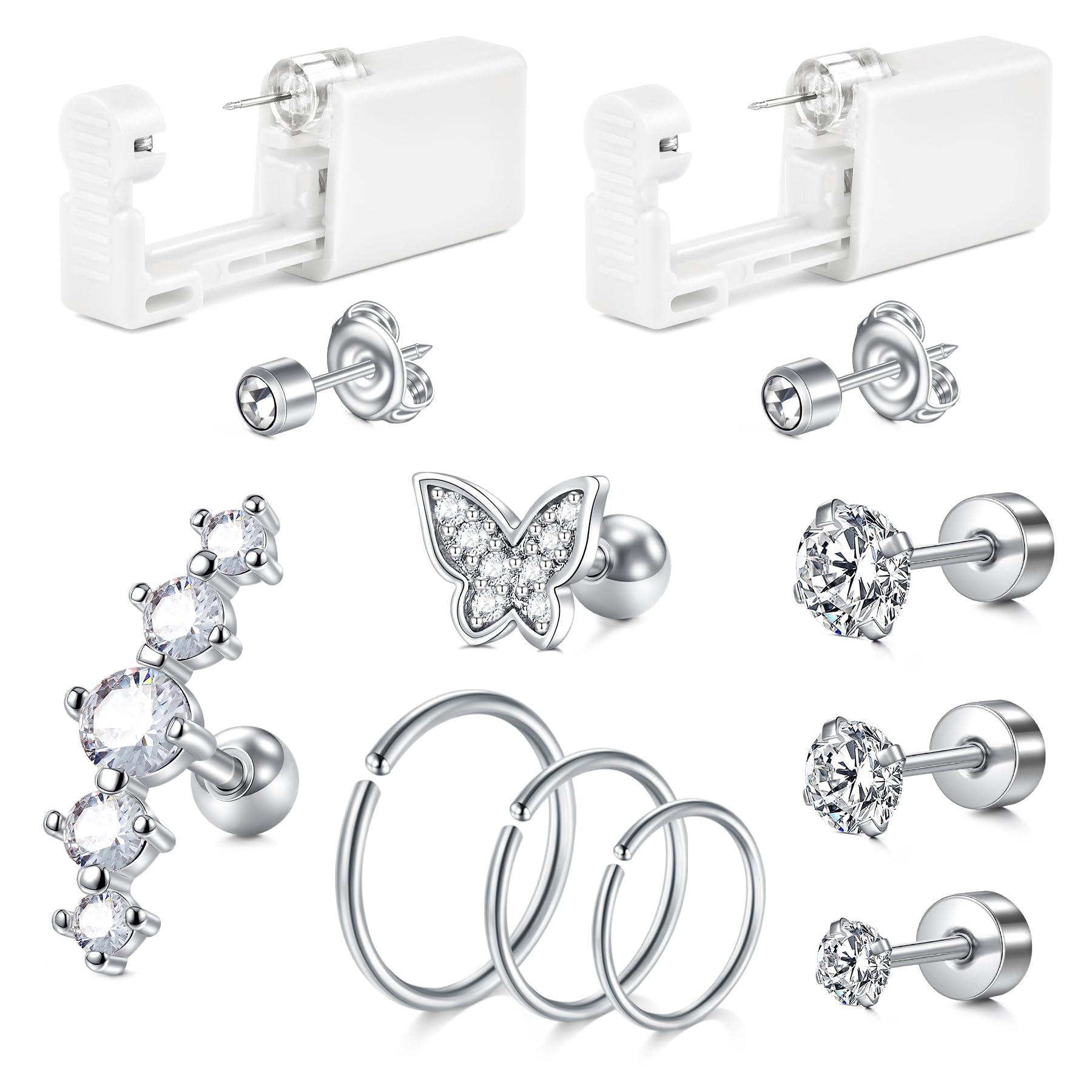 AVYRING Disposable Ear Piercing Gun Kit - 316L Surgical Stainless Steel with Colored CZ Mixed Shapes - 4mm CZ Stud Self Ear Piercer Tool for Home Use - Perfect for First Ear Piercing, Gifts & DIY Beauty Care