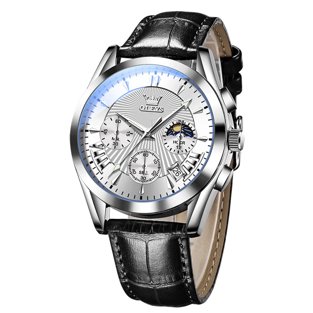 OLEVS Men's Chronograph Analog Quartz Watch - Waterproof, Luminous, Fashion Casual Dress Watch with Leather Strap - Black/Brown/White/Blue Dial Options (White Dial + Silver Case) - Perfect for Office, Business, Dating & Everyday Wear