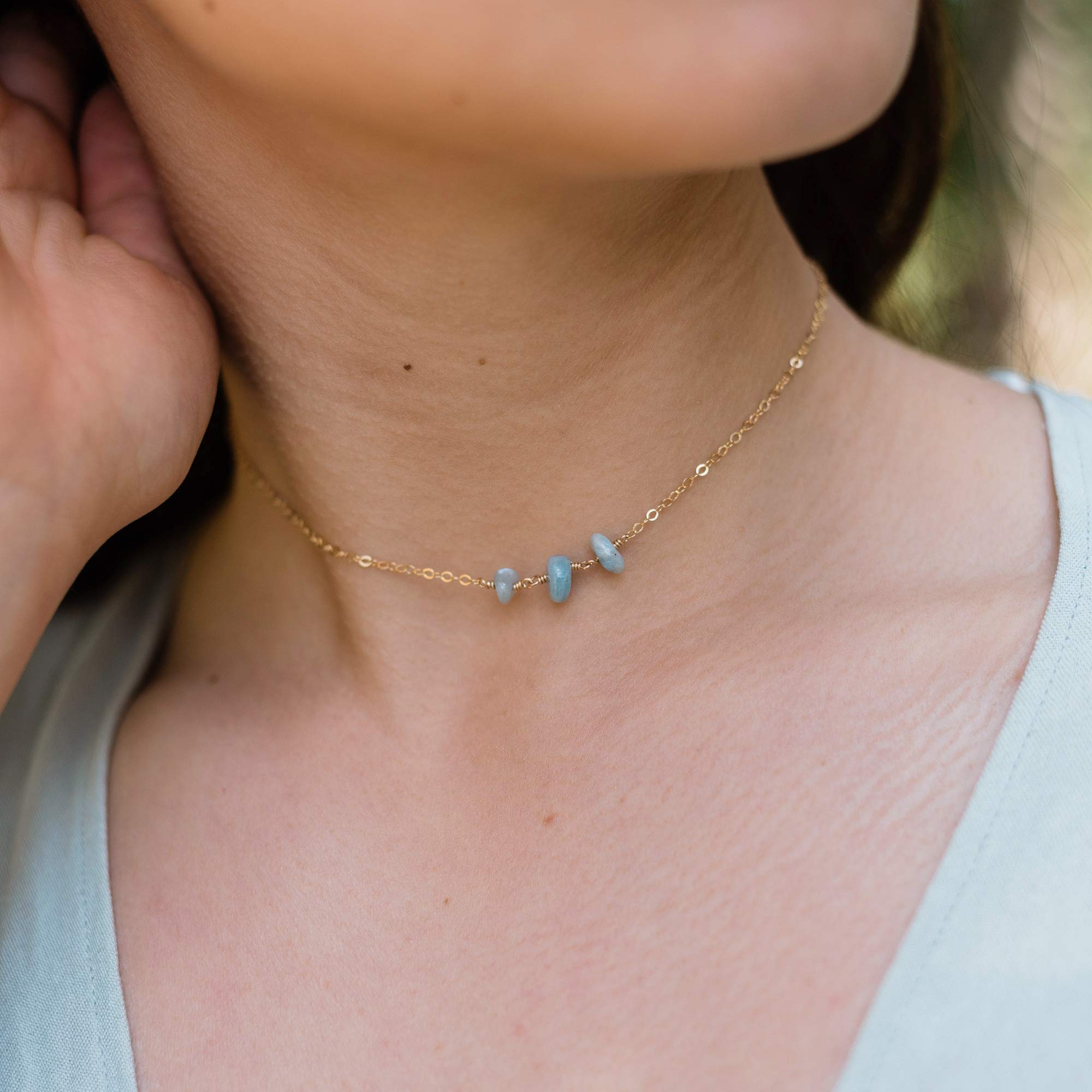 14k Gold Fill Aquamarine Beaded Chain Choker Necklace - Elegant Boho Jewelry for Women, Perfect for Weddings, Parties & Everyday Wear