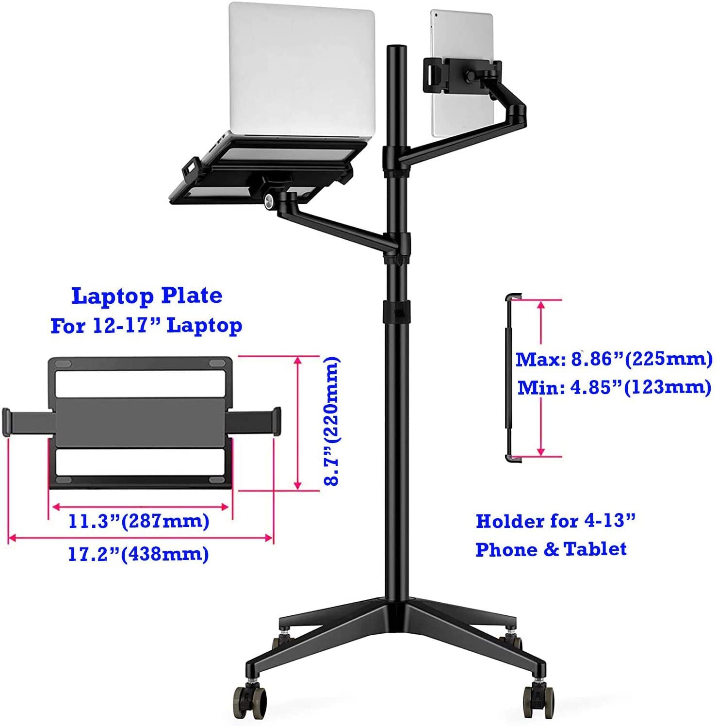 Adjustable Triple Arm Rolling Stand Mount for Laptop (11-17 inch), iPad Pro 12.9 inch, Tablet & Ereader - Black | Perfect for Home Office, Gaming & Remote Work