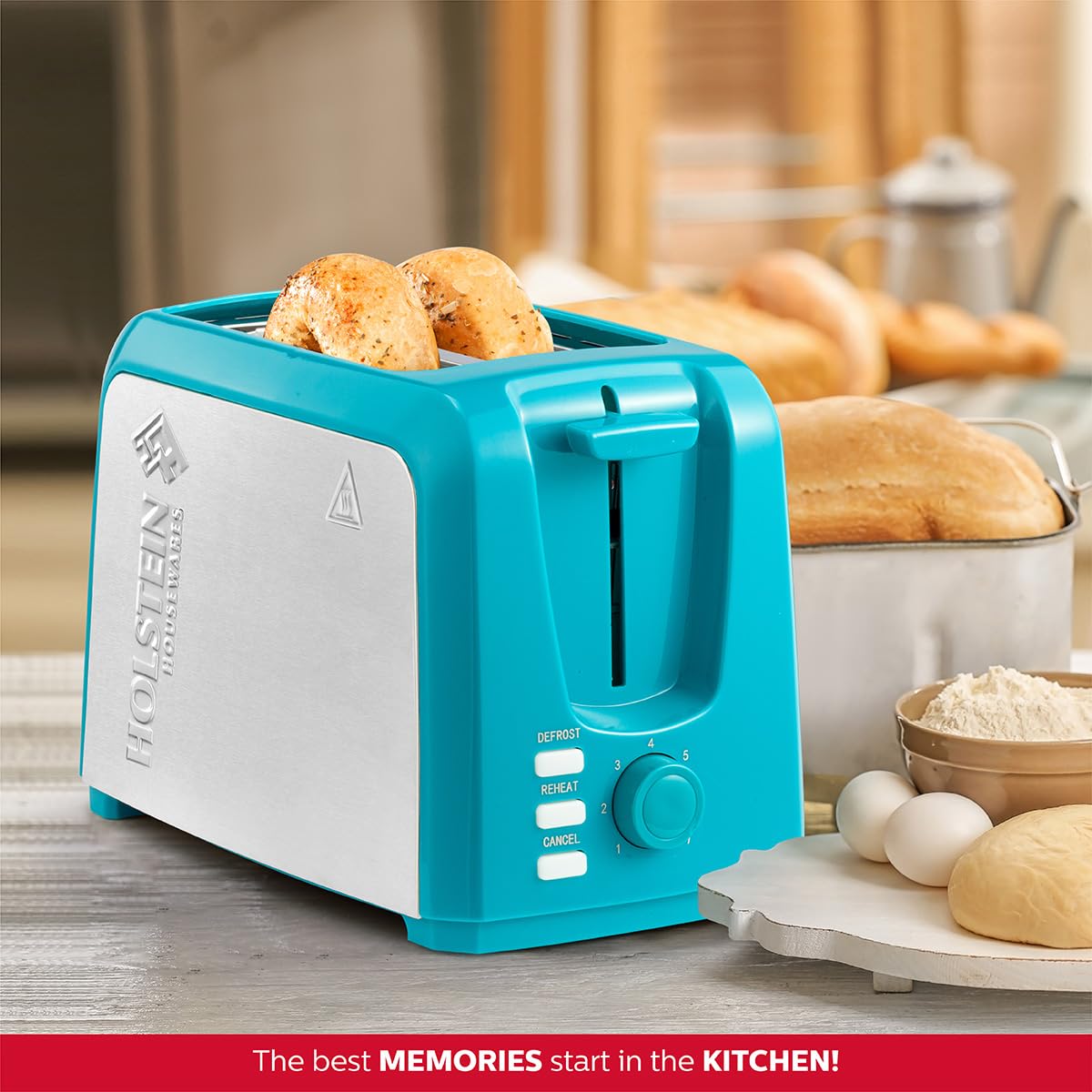 Holstein Housewares 2-Slice Toaster with 7 Browning Settings - Teal & Stainless Steel - Perfect for Toast, Bagels, Waffles - Ideal for Breakfast, Kitchen, Dorm & Office Use