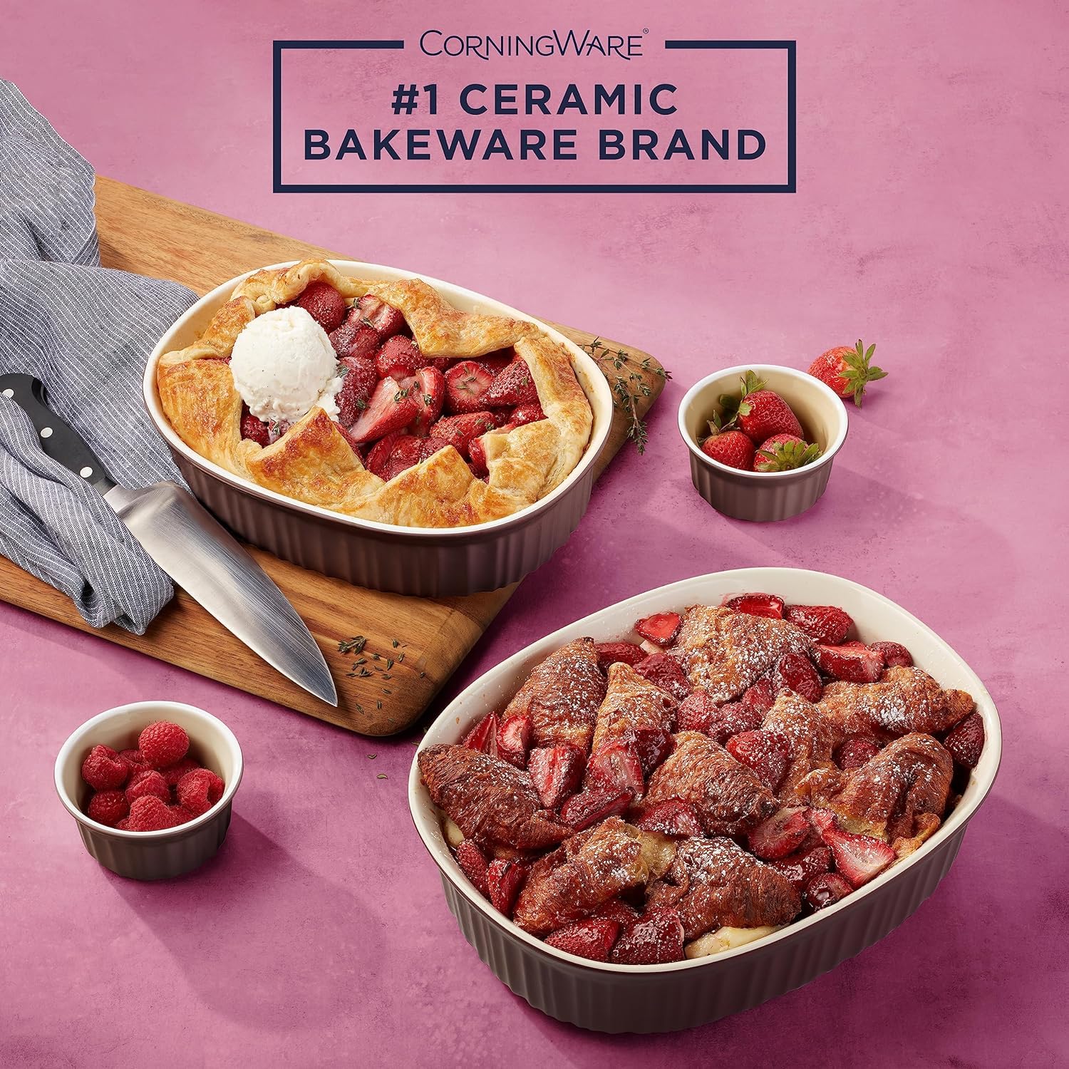CorningWare 10-Piece Ceramic Bakeware Set with Lids - Chip & Crack Resistant Stoneware Baking Dishes - Oven, Microwave, Dishwasher, Freezer & Fridge Safe - French Cabernet Design for Baking, Roasting & Meal Prep