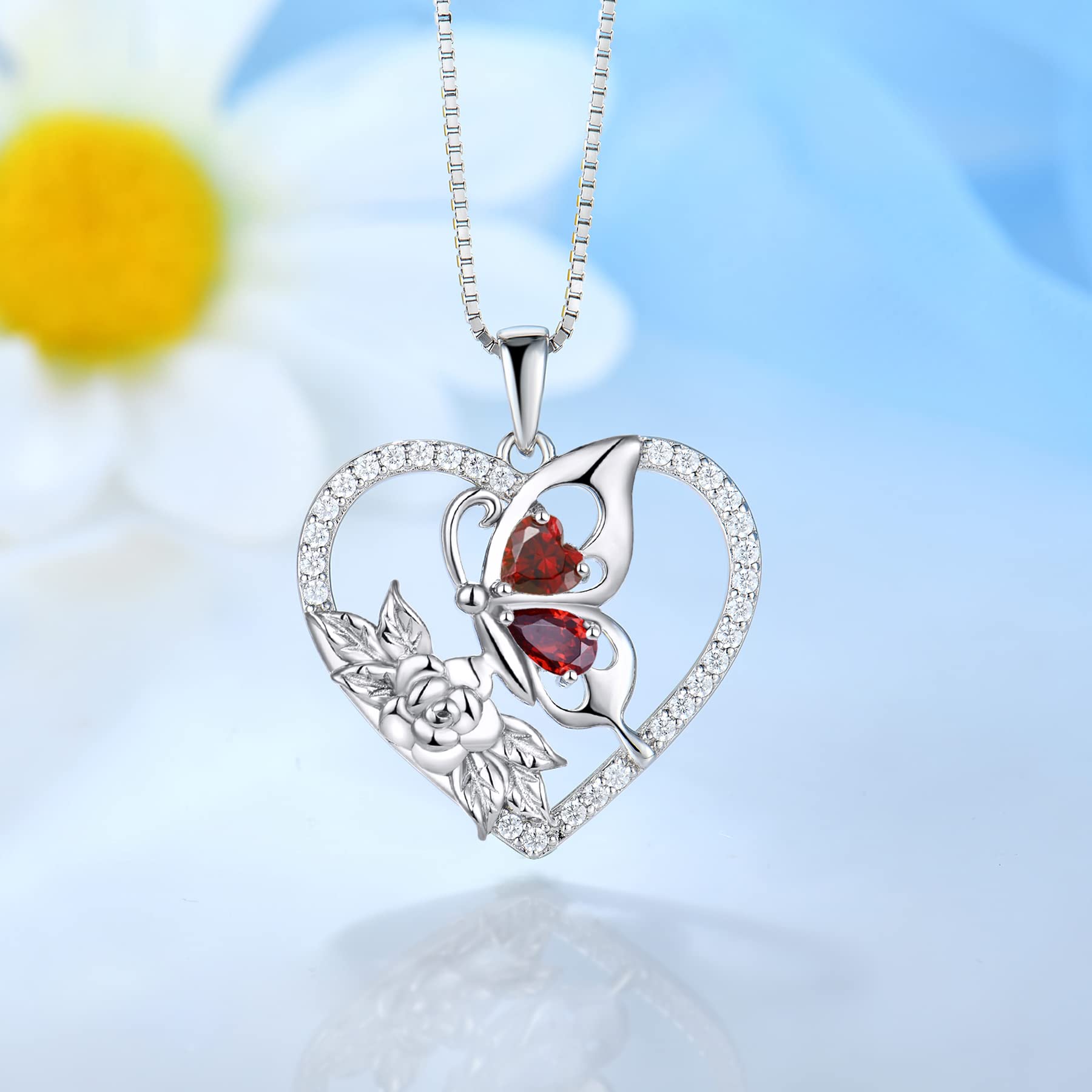 YL Women's Butterfly Necklace - 925 Sterling Silver Flower Rose Pendant with Birthstone Halo Jewelry for Valentine's Day, Anniversary & Birthday Gifts