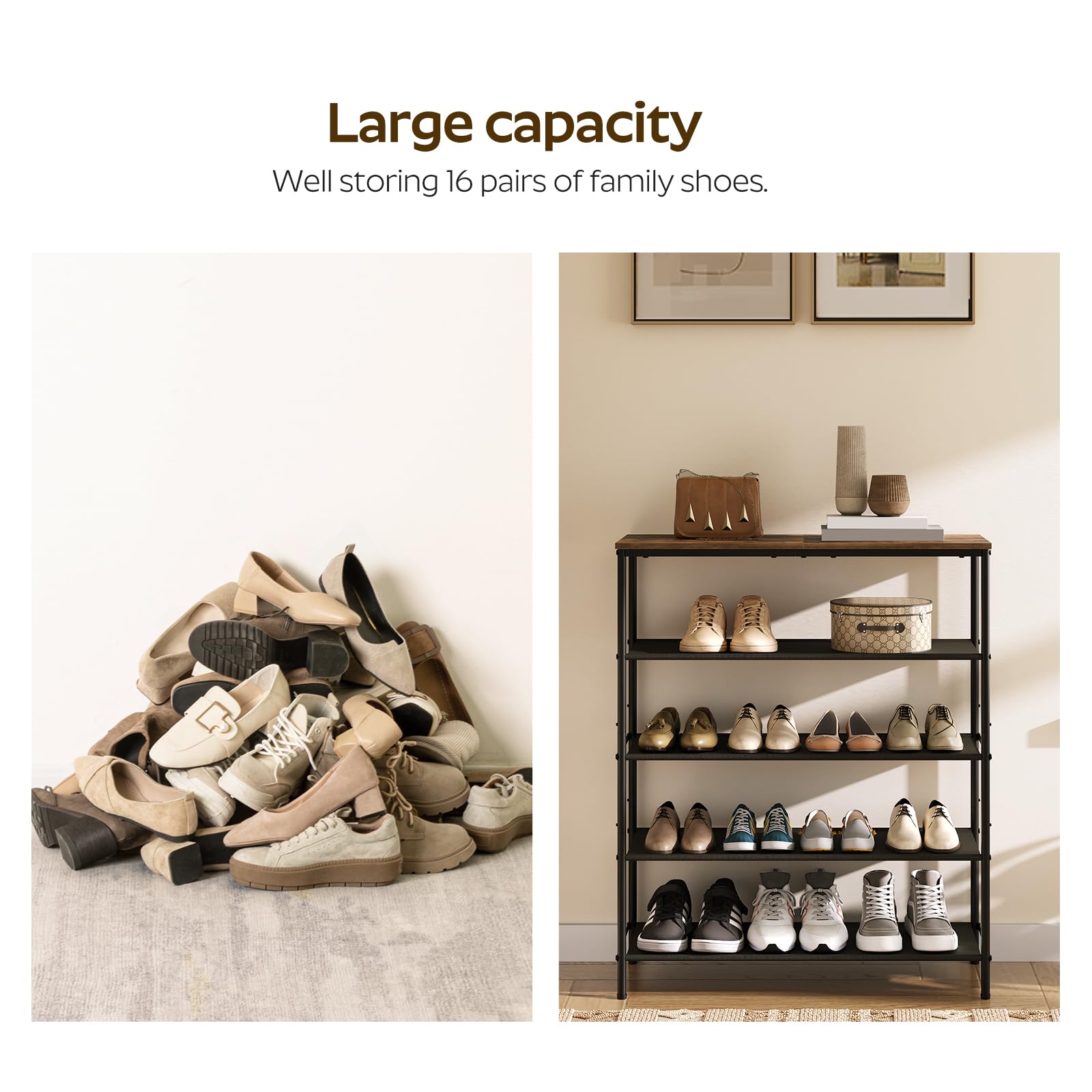 5-Tier Free Standing Shoe Rack with Wooden Top - Shoe Storage Organizer for Entryway, Closet & Bedroom - Holds 16-20 Pairs of Shoes - Rustic Brown SS15BR - Perfect for Small Spaces & Home Organization