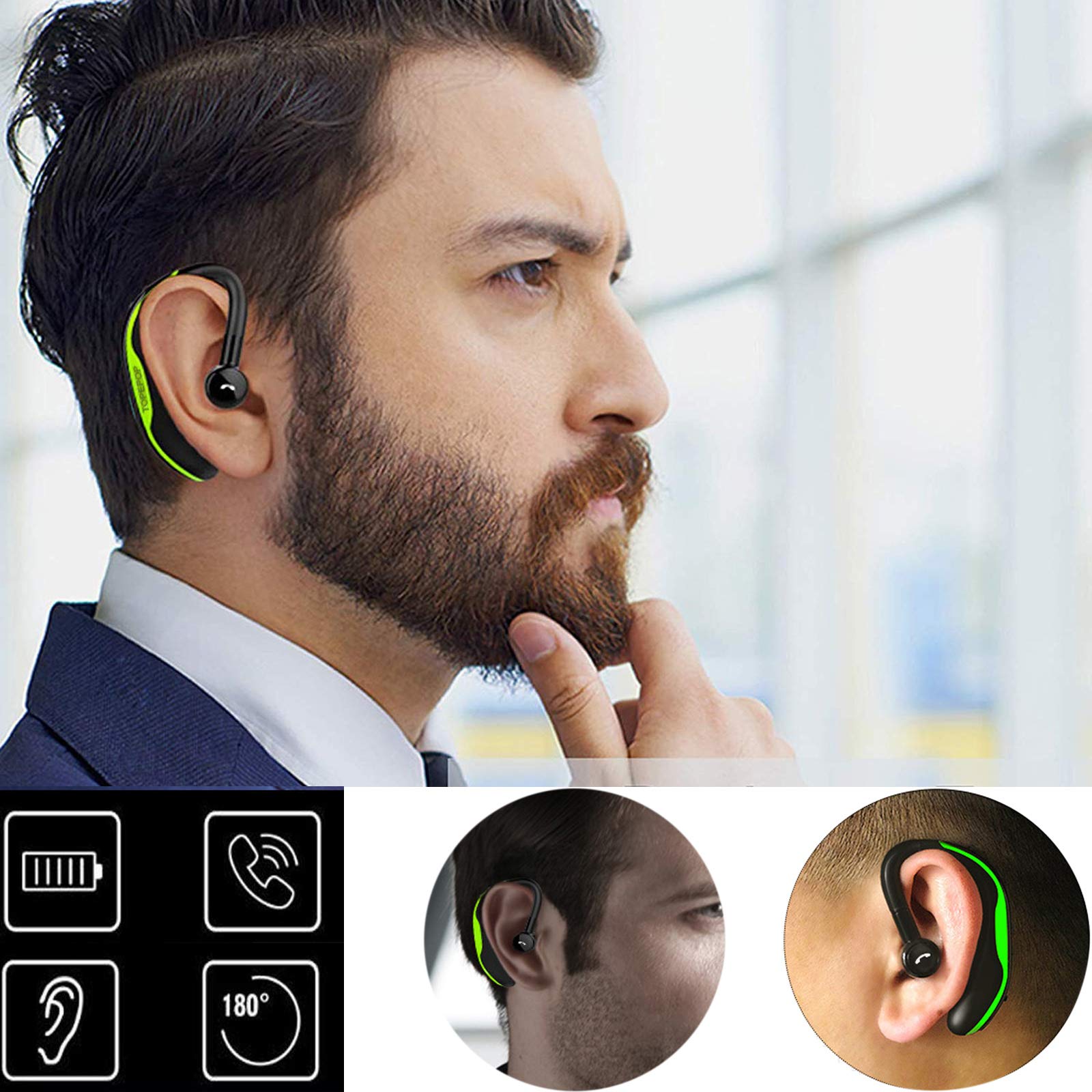 Wireless Bluetooth Earbuds with Noise Cancellation, Hands-Free Calling Headset for iPhone & Android, Long Battery Life Earphones for Business, Office, Driving - Comfortable for Men & Women (Green) | Perfect for Commuting, Work Calls & Online Meetings