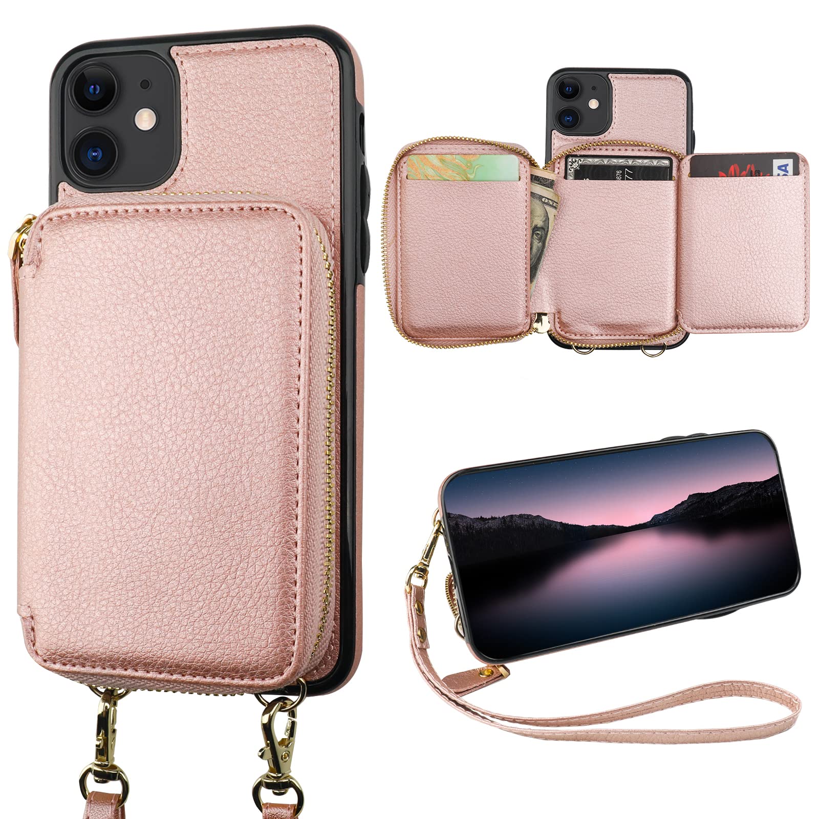 RFID Blocking Wallet Case for iPhone 11 - PU Leather Crossbody Zipper Purse with Card Holder, Kickstand & Detachable Wrist Strap | 6.1 Inch Rose Gold Folio Case | Perfect for Travel, Shopping & Daily Use