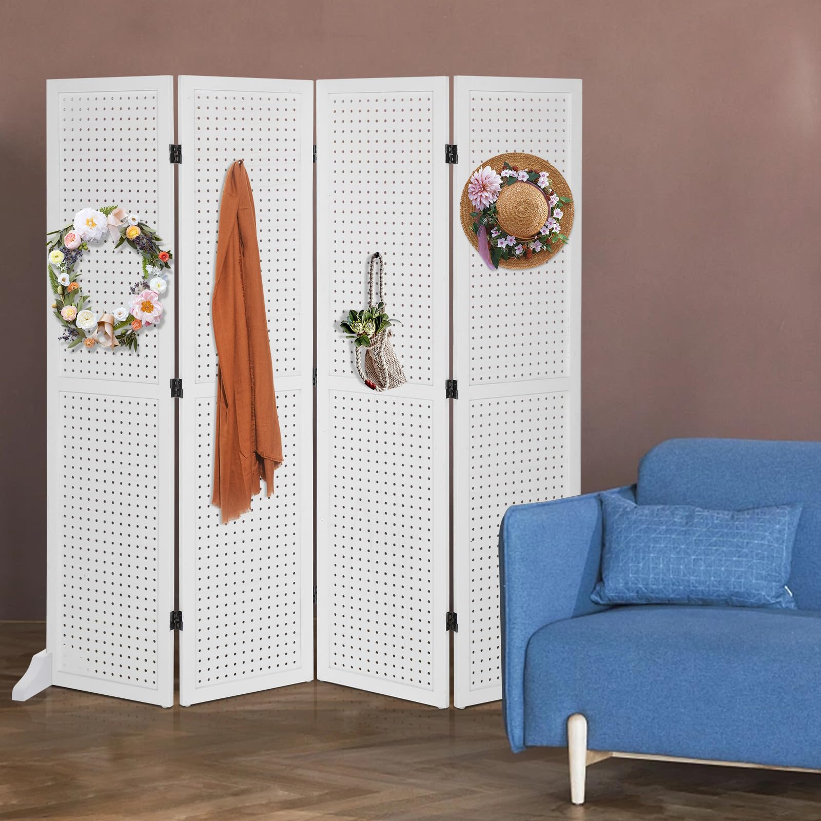 Bonnlo 4 Panel Pegboard Freestanding Organizer - 5 FT Portable Display Board for Craft Shows, Jewelry & Retail - Wooden Folding Privacy Screen Room Divider with Base (White) - Perfect for Trade Shows, Boutiques & Home Office Organization