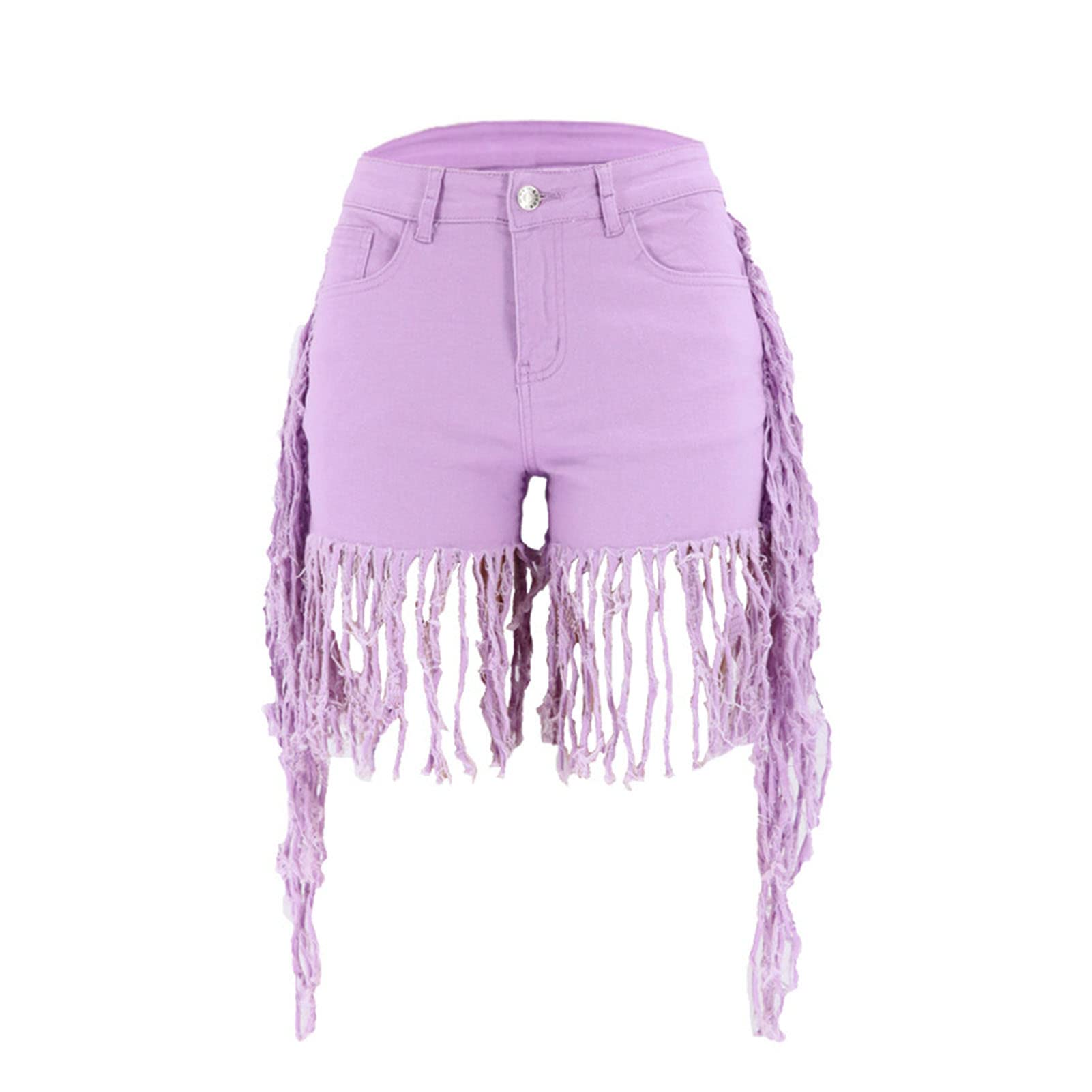Women's High Waisted Distressed Denim Shorts with Tassels & Raw Hem - Stretchy Frayed Pocket Jean Shorts for Casual Wear, Summer Outfits, and Beach Vacations