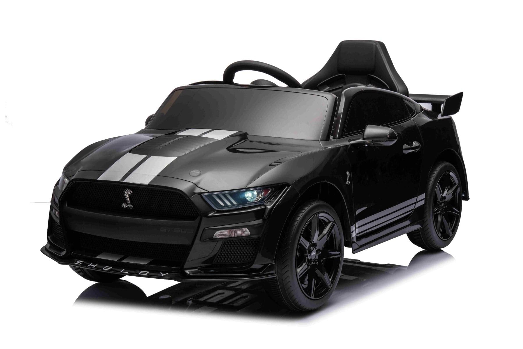 Electric Car for Kids - Ford Shelby Mustang GT 500 Cobra Remote Control Ride-On Toy (2.4GHz, USB Charging, LED Lights, 30W Motors) - Licensed Black Sports Car for Boys & Girls - Perfect for Indoor Play, Backyard Driving, and Birthday Gifts